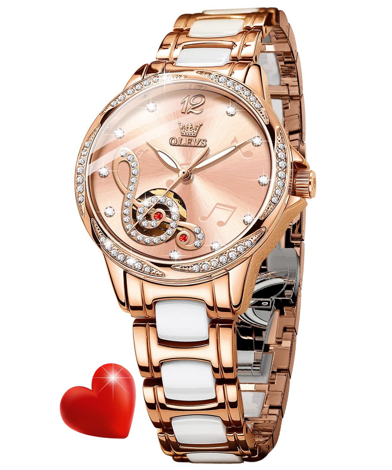 OLEVSAutomatic Watch for Women Luxury Diamond Rose Gold Ladies Self Winding Mechanical Ceramic Wrist Watch Love Heart Date