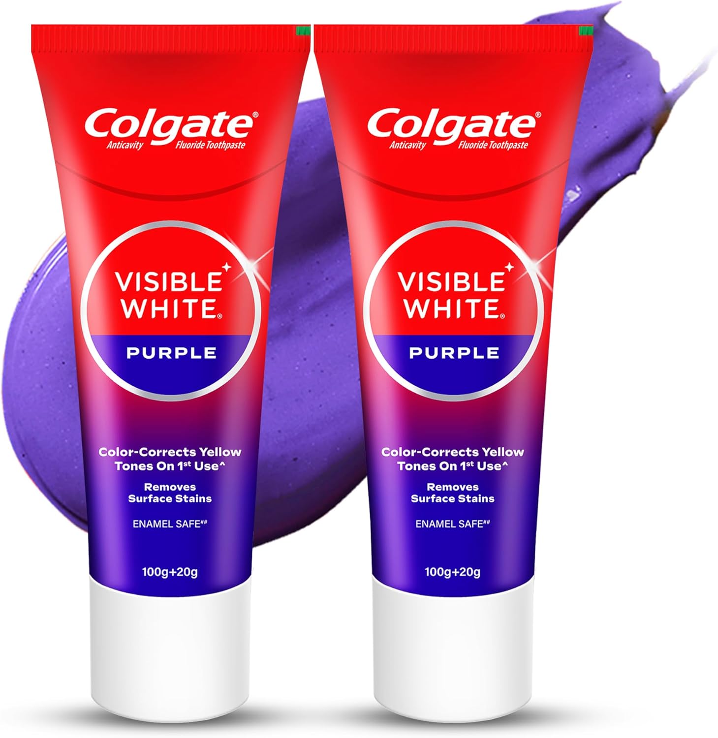 Colgate Visible White Purple Toothpaste, Teeth Whitening Toothpaste Whitens Yellow Teeth, Enamel-Safe Daily Use (2 Pack 100g+20g/3.5oz+0.7oz)