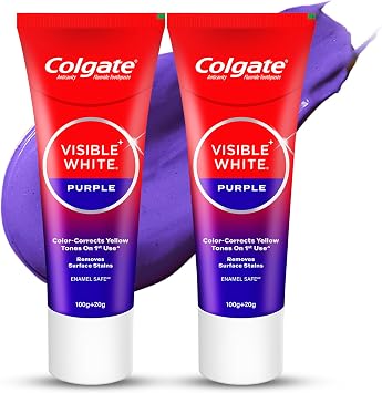 Colgate Visible White Purple Toothpaste, Teeth Whitening Toothpaste Whitens Yellow Teeth, Enamel-Safe Daily Use 2 Pack 100g+20g/3.5oz+0.7oz