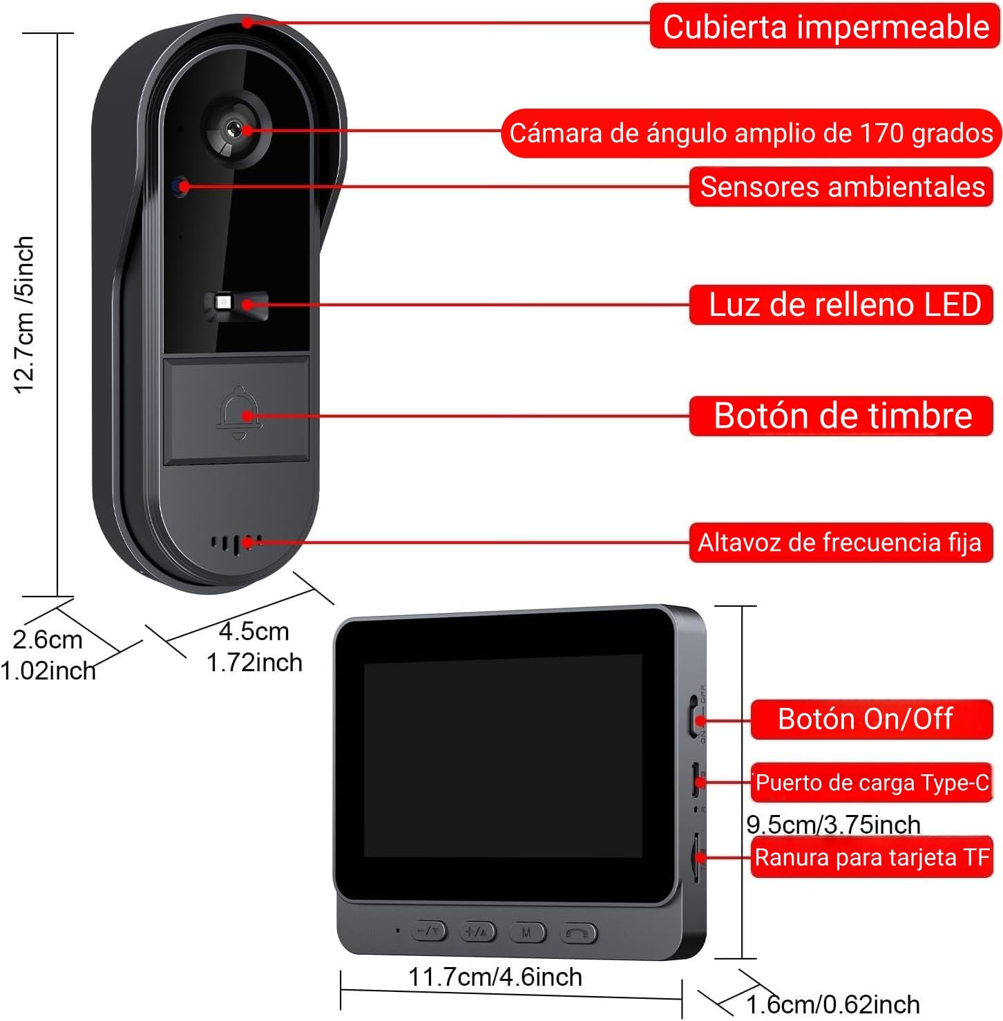 TKMARS Timbre Inalámbrico Exterior Impermeable, Timbre de Vídeo con Pantalla y Cámara 1080P Videoportero IP65 Intercomunicador Doorbell Cámara al Aire Libre Notificación Instantánea Visión Nocturna