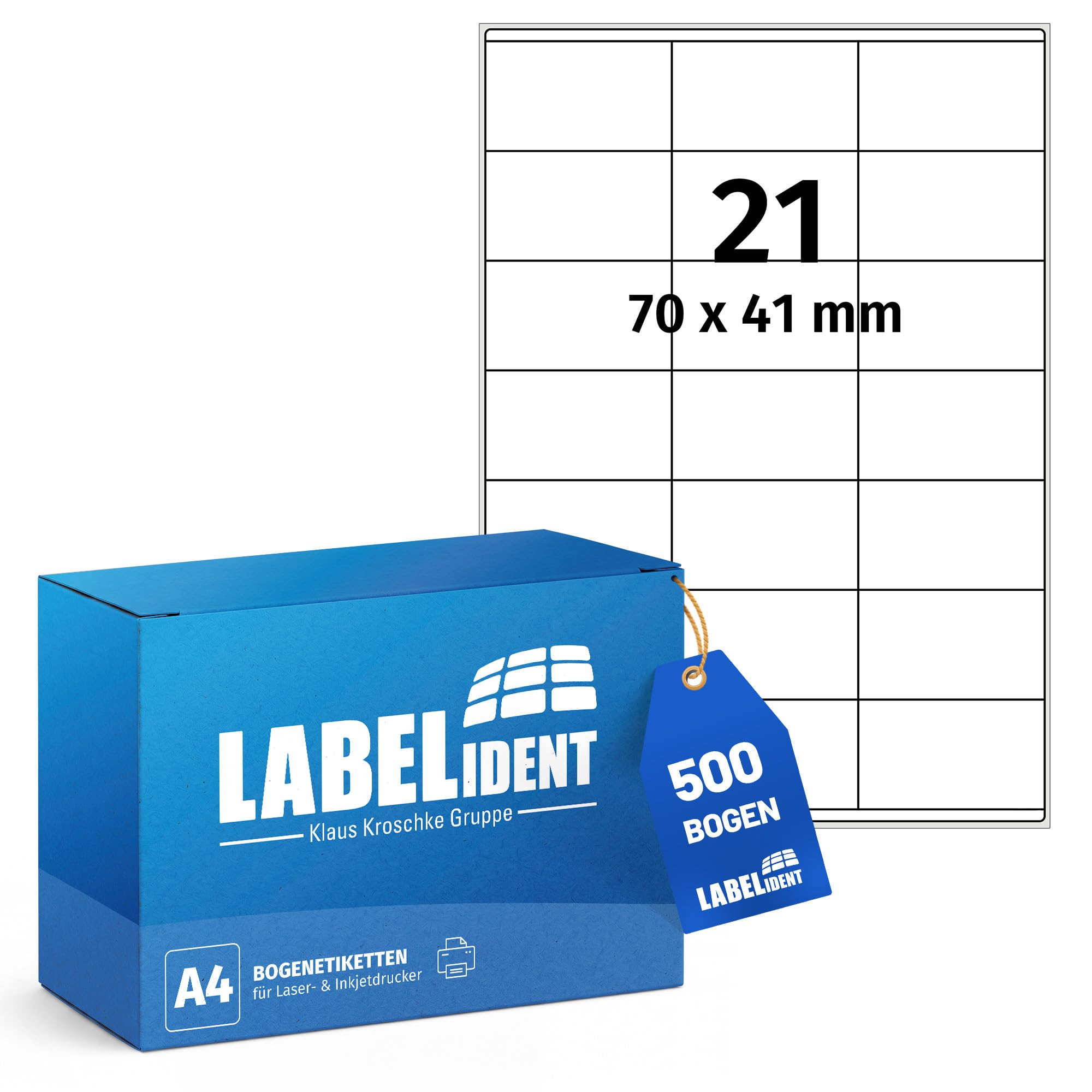 Etichette laser su fogli A4, bianco – 70 x 41 mm – 10.500 adesivi di carta su 500 fogli, autoadesive universali