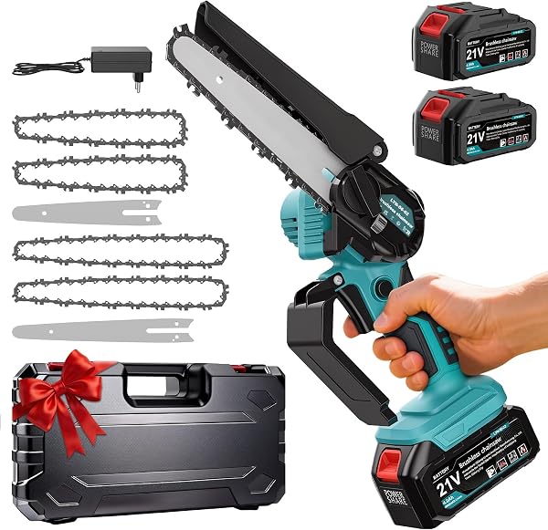 Mini tronçonneuse à batterie Cexovil, moteur brushless 800 W, guide 6 et 8 pouces, 4 chaînes, 8000 mAh