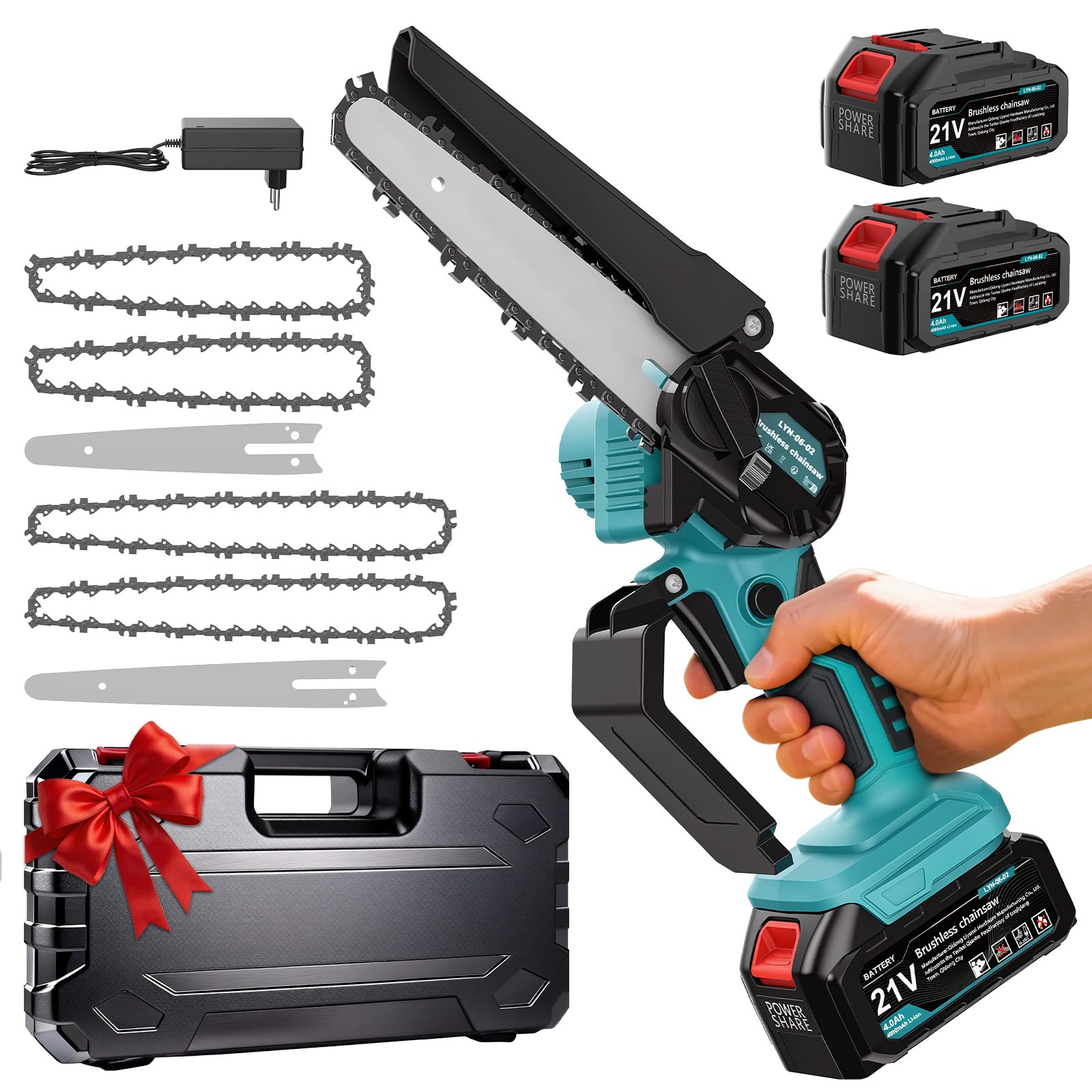 Mini Motosega a Batteria, 8000 mAh, 6 e 8 Pollici, Brushless | Motore 800 W, 2 batterie da 4000 mAh, 4 catene, autonomia da 45 a 60 min, lubrificazione a pressione, compatibile con Makita