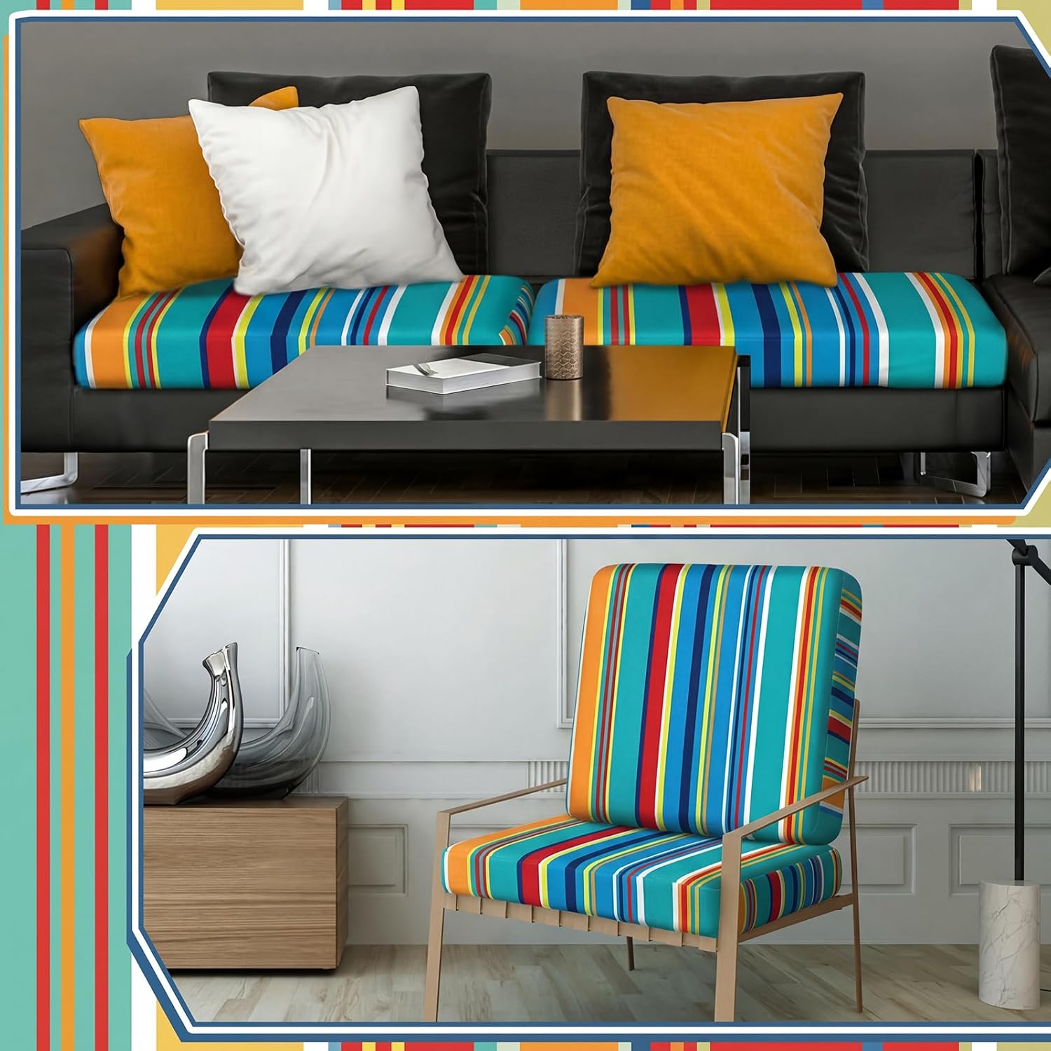 Geyoga 8 Pcs Patio Stretch Sofa Cushion Covers Outdoor Cushion Covers Replacement Waterproof Patio Furniture Couch Slipcovers Washable Chair Seat Soft Flexibility Protector (Blue Stripes)