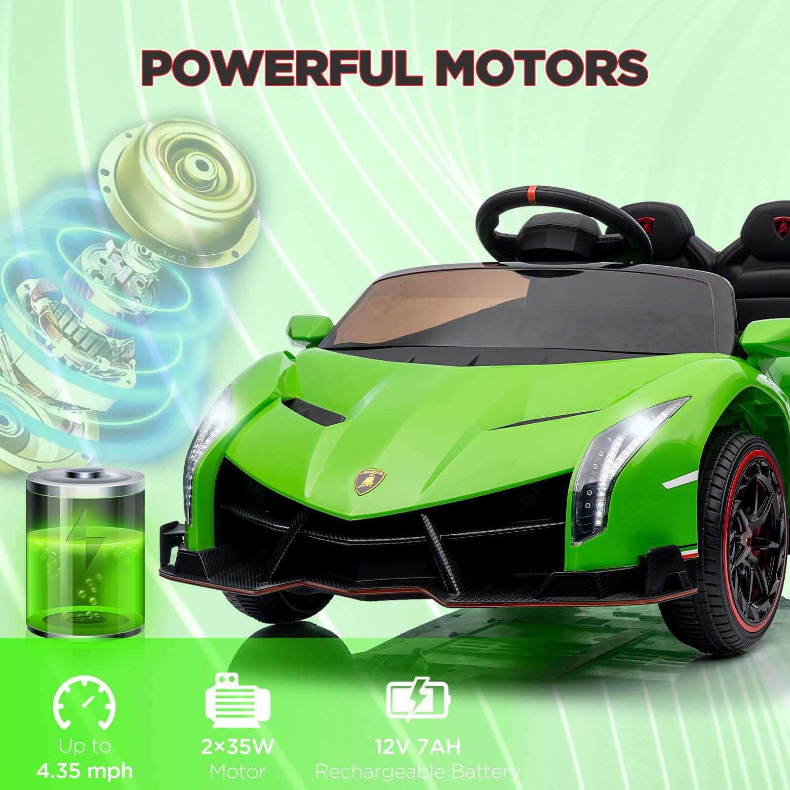 Voiture électrique Enfant Lamborghini 12V Licence Officielle, 2 Moteurs Puissants, Portes Papillon, Télécommande Parentale, Suspension, LED, Musique Bluetooth/USB, Marche Avant/Arrière