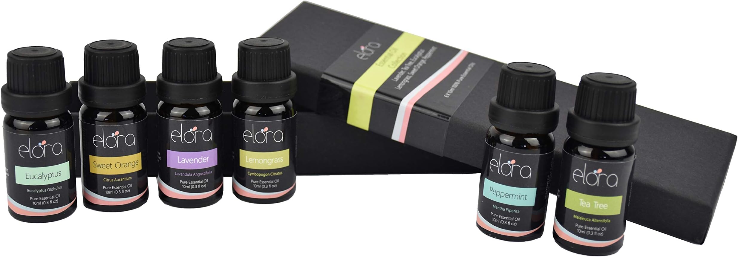 Elora Aromatherapy Essential Oils 6 x 10ml Gift Set - 100% Pure Oils kit - Lavender, Tea Tree, Eucalyptus, Lemongrass, Orange, Peppermint