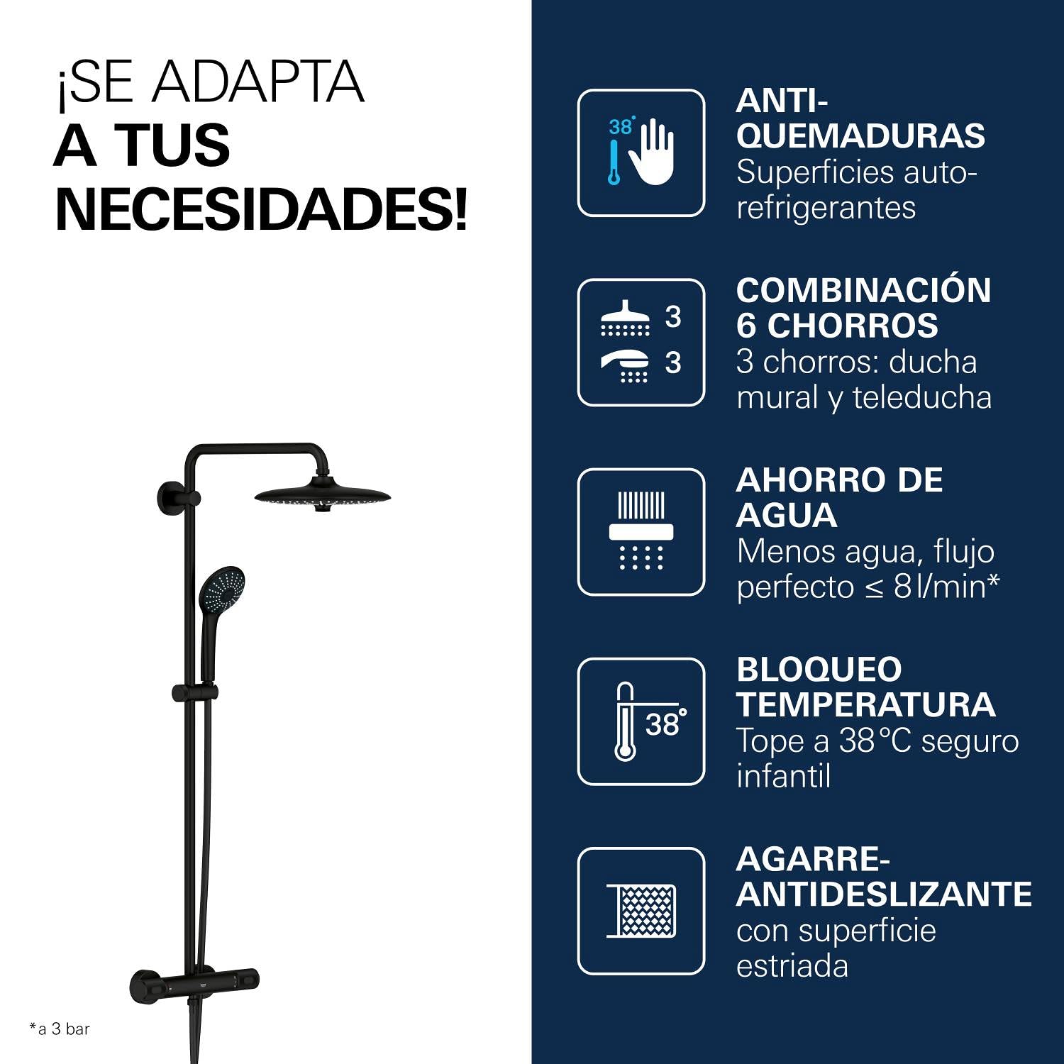 GROHE Vitalio Joy 260 - Sistema de ducha con termostato y bandeja (Ahorro de agua, Cabezal 26cm 3 chorros con rótula, Teleducha 11cm 3 chorros, Flexo 1.75m), Negro Mate, 264032432