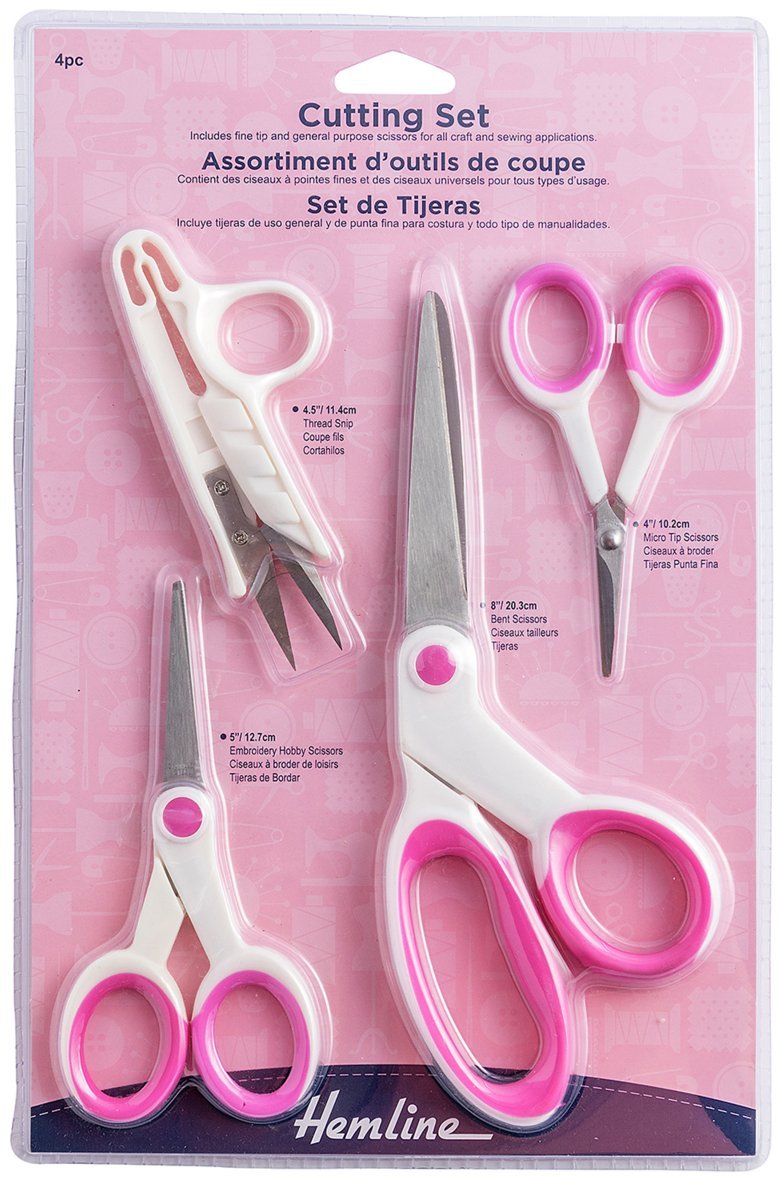 Hemline 4pc Cutting Set - Pink & White - Embroidery, Thread Snips, Bent Scissors & Micro Tip