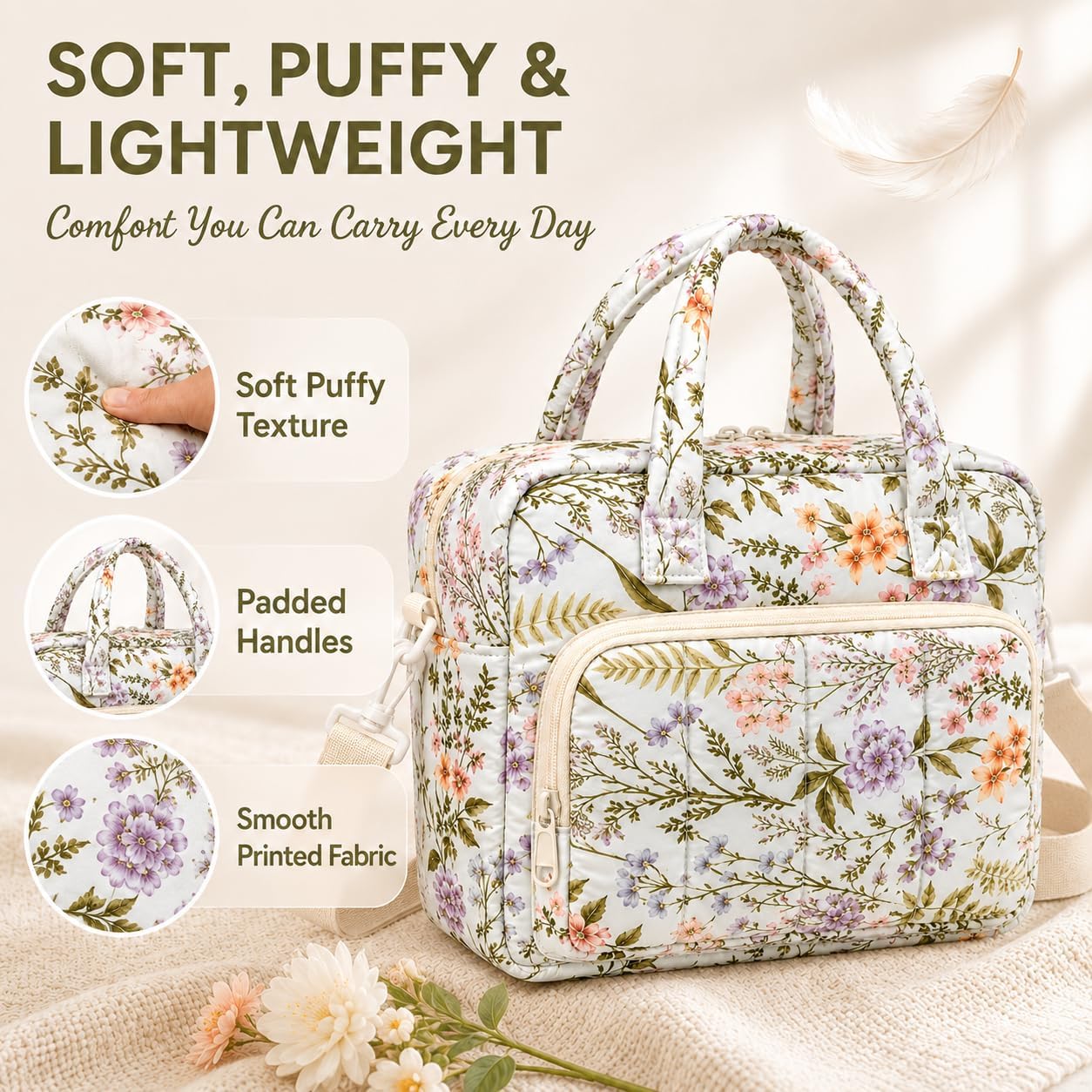 Aesthetic Quilted Puffer Lunch Bag for Women, Large Insulated Lunch Tote with Shoulder Strap, Floral Lunch Box for Office, Work, Picnic and Daily Travel (Dawn Garden) image 5