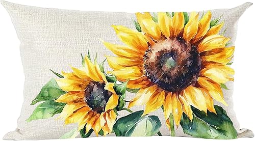 Ramirar Funda decorativa de almohada lumbar decorativa de verano, diseño de girasoles amarillos, girasoles amarillos, hojas verdes, para el hogar,