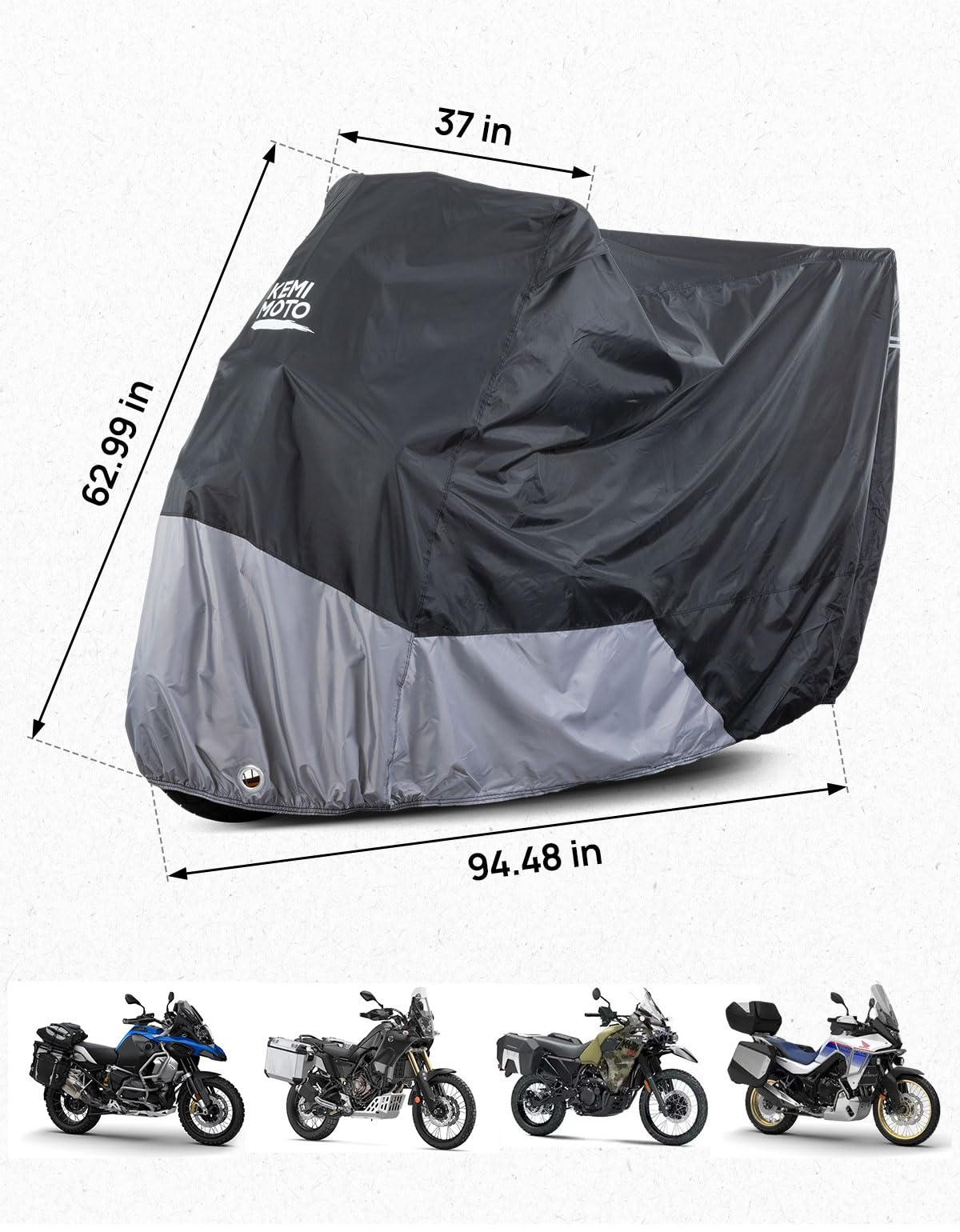 KEMIMOTO Housse de moto Adventure compatible avec R1250 GS, TENERE 700, KLR650, AFRICA TWIN NX500 TRANSALP, V-STROM Housse étanche à la lumière du soleil et à la poussière toutes saisons avec boucle