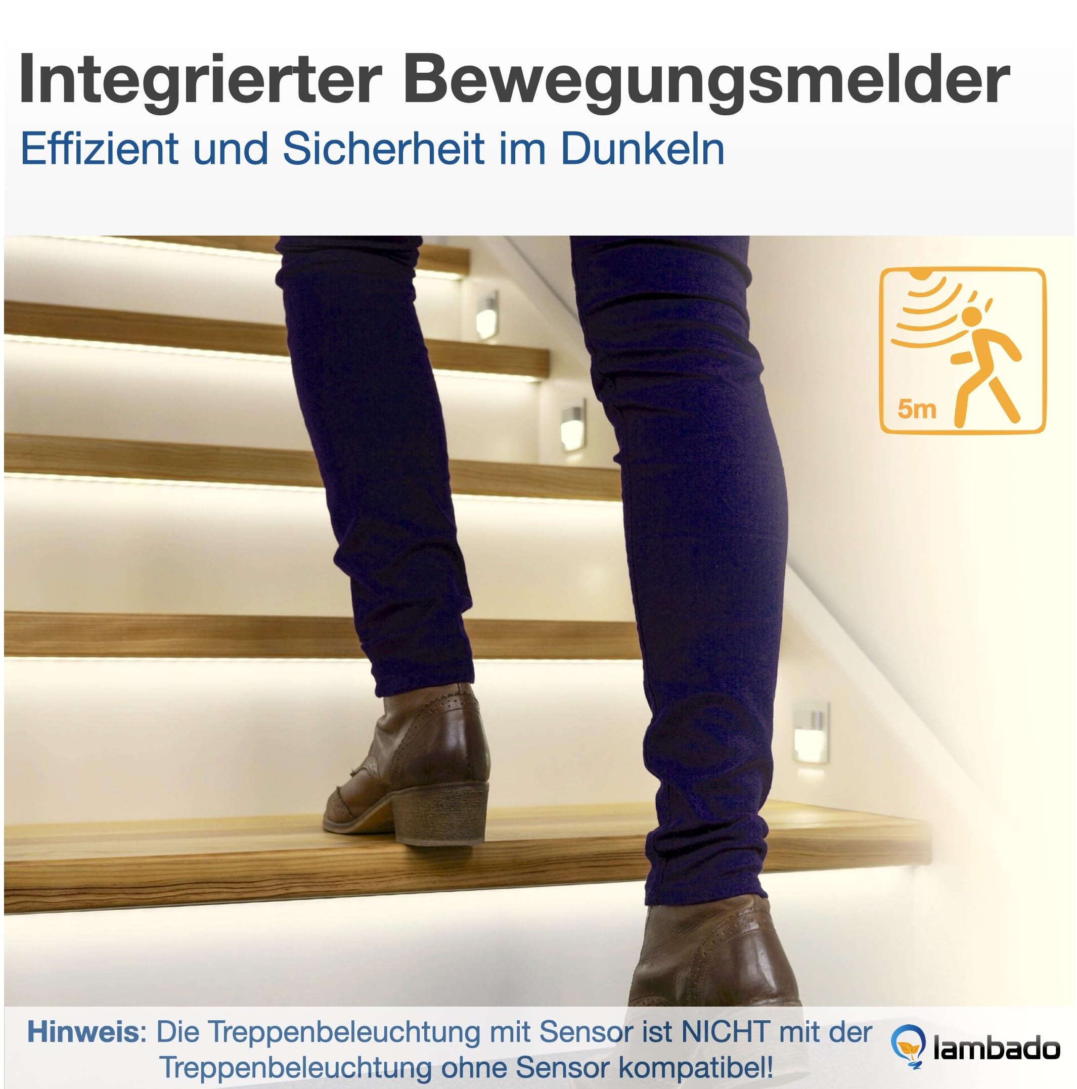 lambado® LED Treppenbeleuchtung mit Bewegungsmelder in weiss eckig - Stufenbeleuchtung mit 1,5W 230V für Ambiente & Sicherheit im Dunkeln