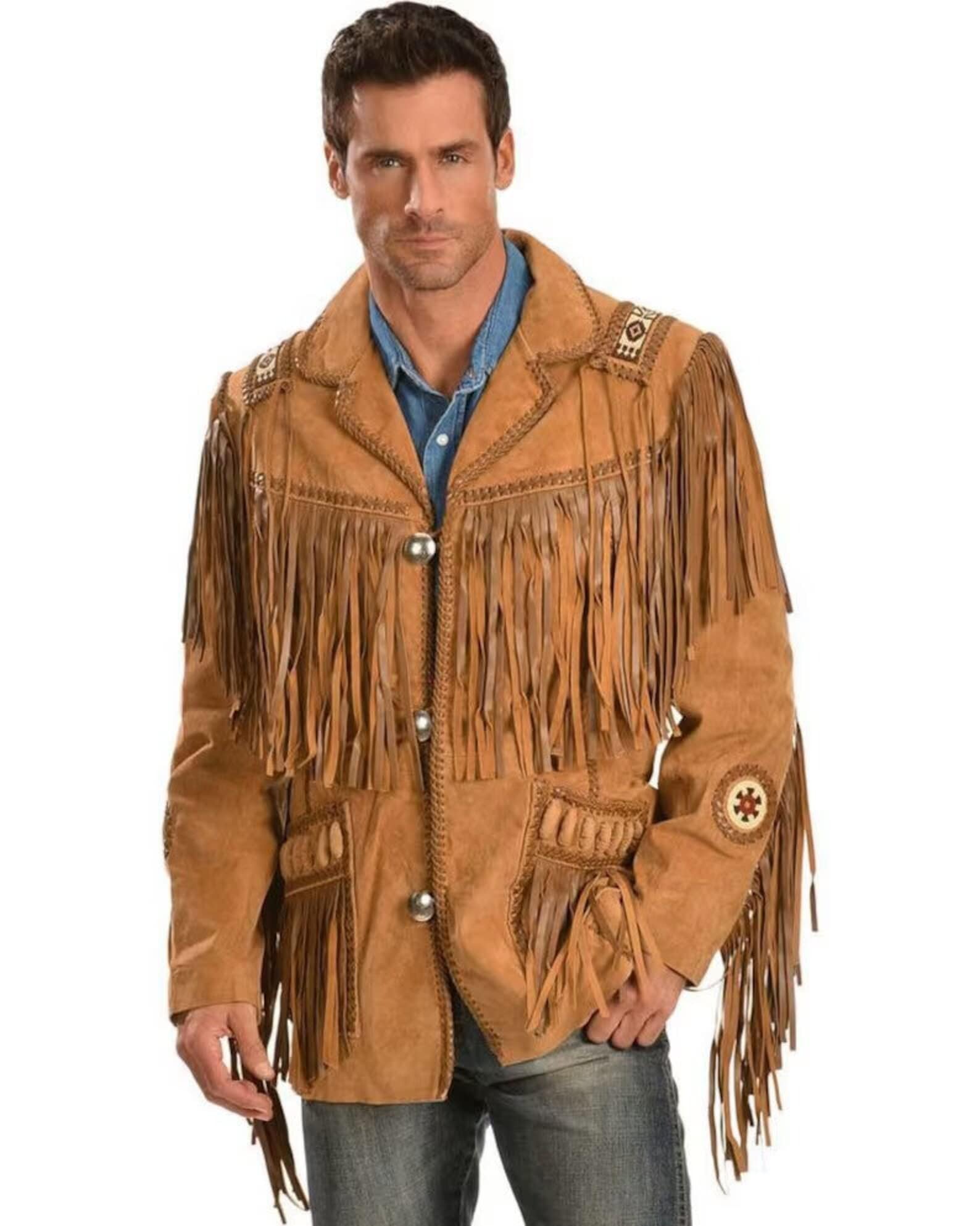 Mens Leather Buckskin Mountain Man Reenactment Suede Native American Red Indian Fringes Beaded Jackets