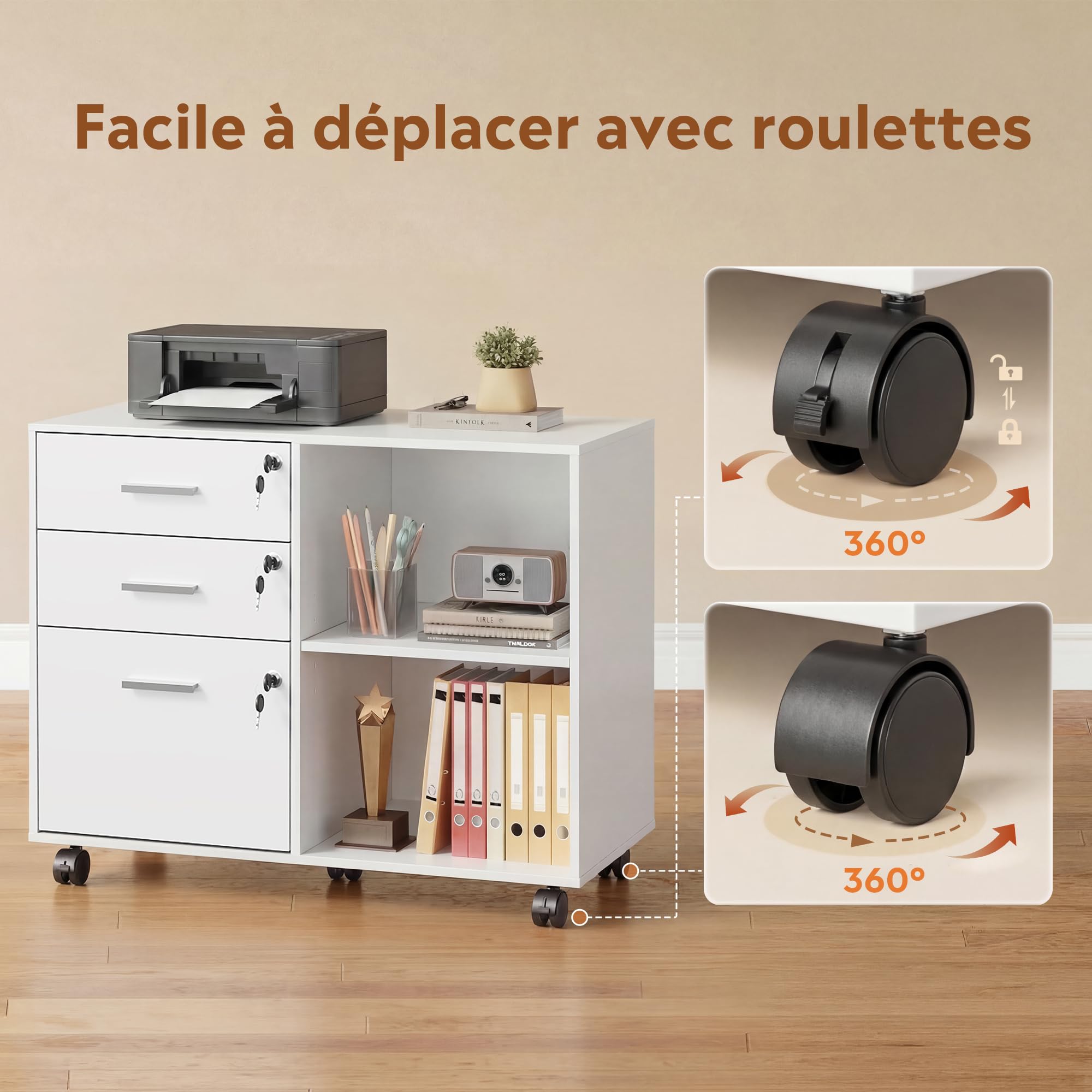 DEVAISE Caisson de Bureau Roulant 3 Tiroirs et étagères ouvrantes, Meuble Imprimante Rétro avec Plateau Bois, Meuble Rangement Bureau Mobile, Blanc
