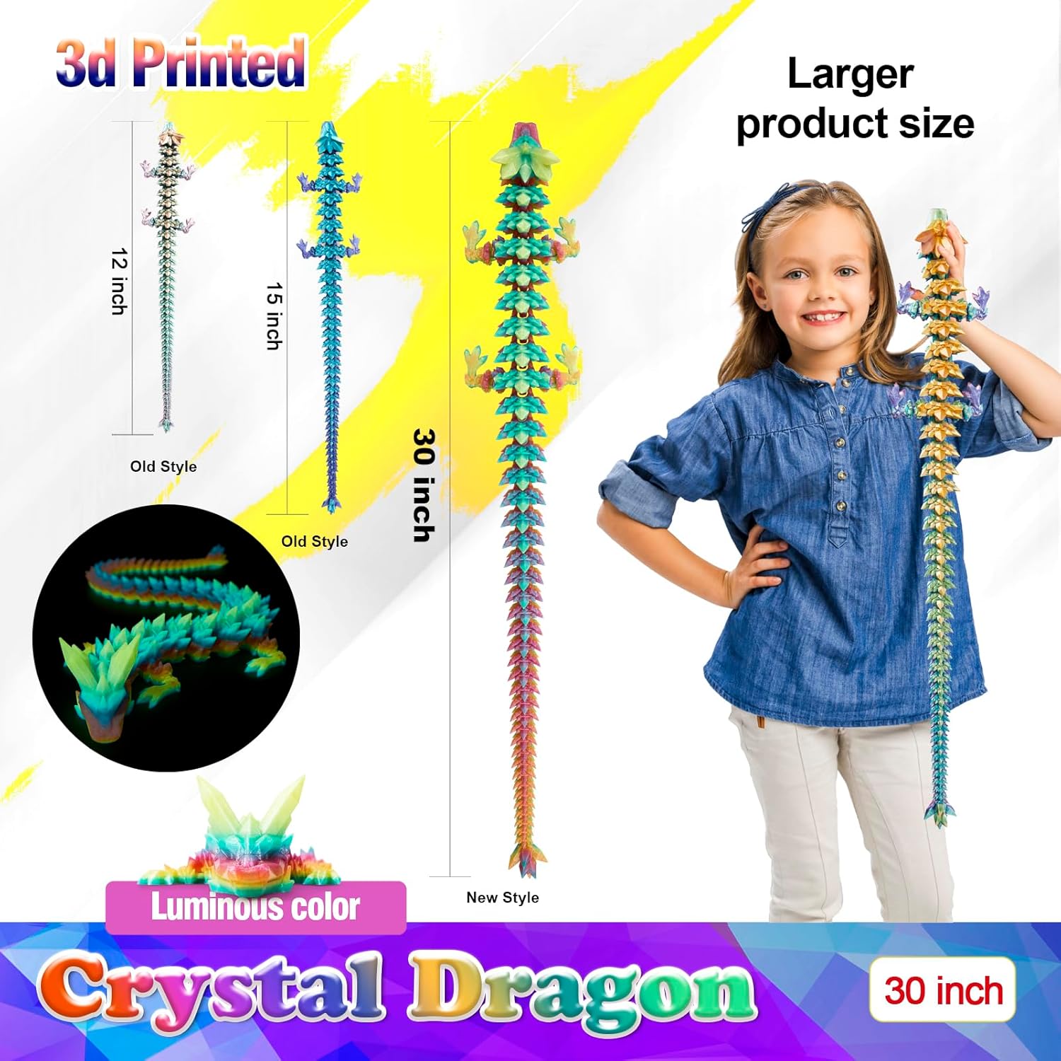 30 inch Large 3D Printed Dragon Glow in The Dark,3D Dragons Figurine Toy, Big 3D Printed Toys, Easter Stuffer Gift for Kids 5-7,Desk and Home Decor