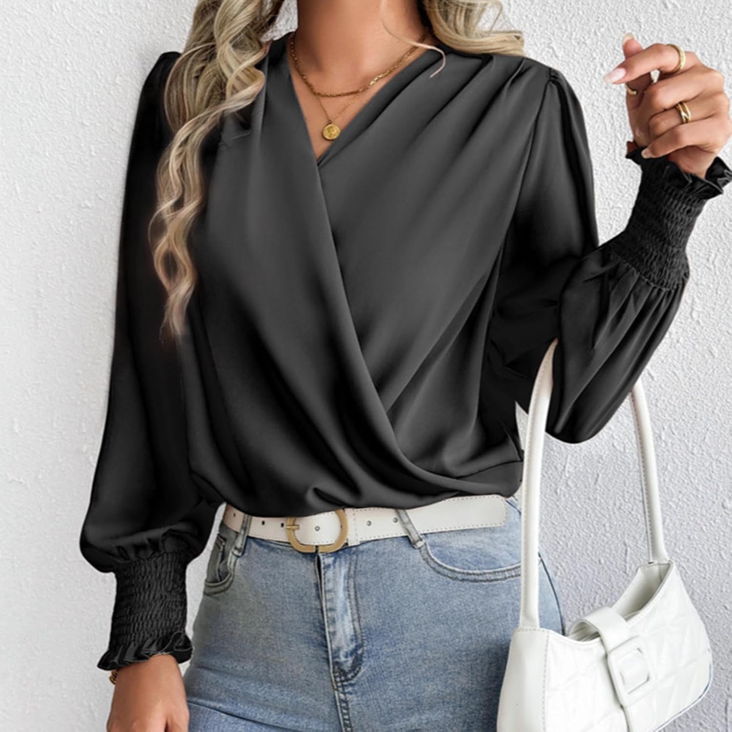 Women Wrap V Neck Long Sleeve Shirt Dressy Casual Business Work Top Elegant Lightweight Loose Blouse with Smocked Cuffs