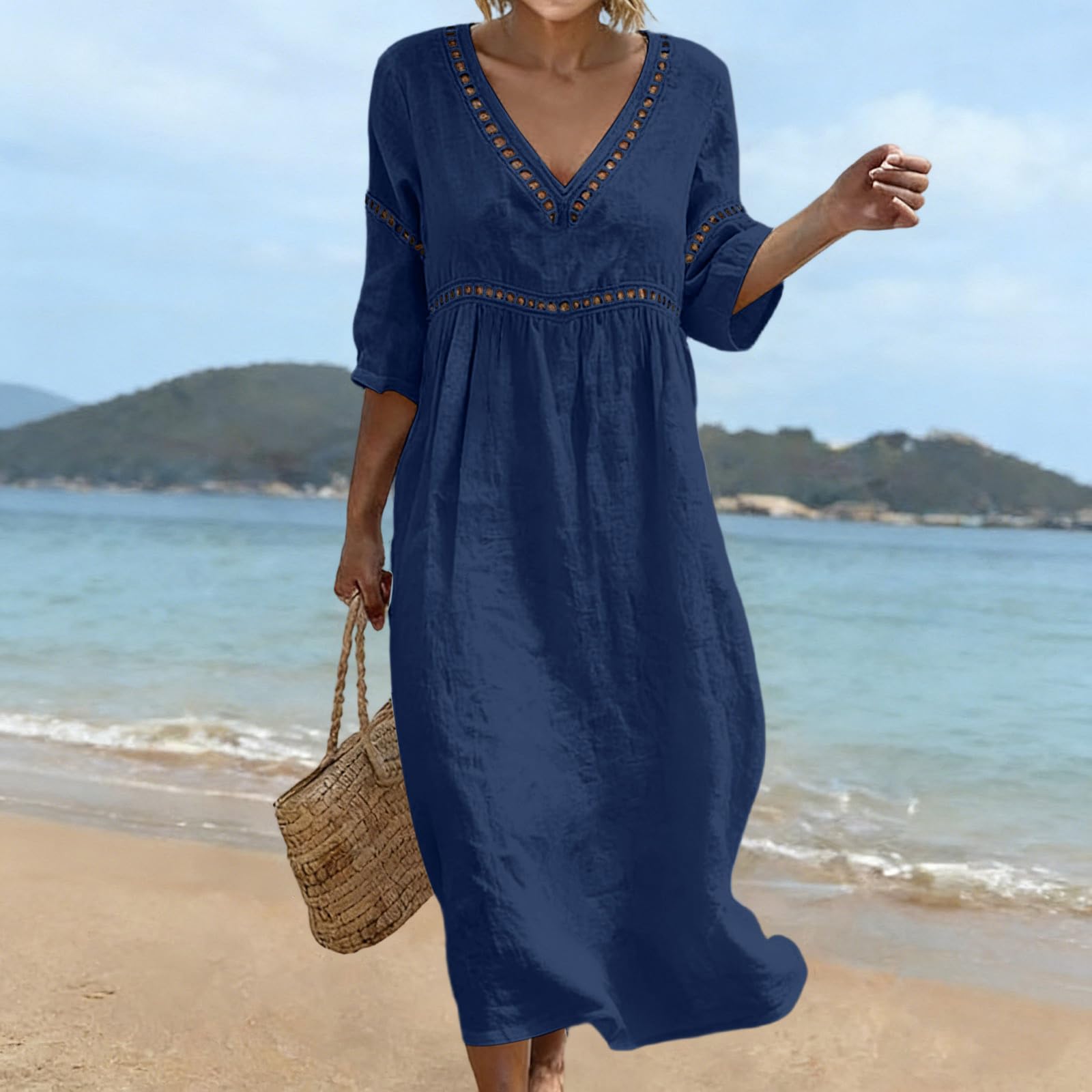 Robe Ete Femme Longue Robe Coton en Lin Robes Legere Fluide Robe de Plage Chic et Elegant Robes à Manche 7/8 Décontractée Dress Boheme Col en V Classique Vêtements Grande Taille Vêtements XS-5XL