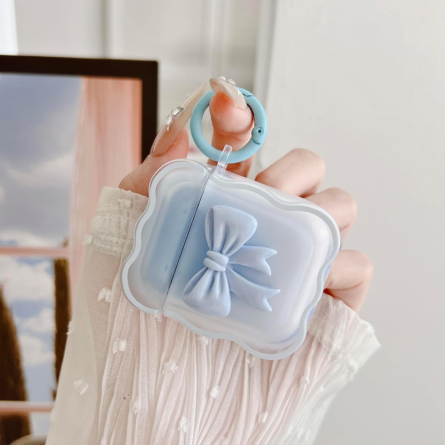 Cute AirPods 2/1 Generation Clear Case SkyBlue, Girly Bow Design Soft TPU Protective Shockproof Kawaii Apple iPod 2nd/1st Generation Cover with Cleaner Kit & Keychain Girls Women image 3