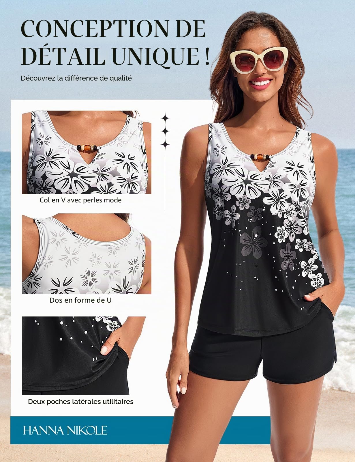 Hanna Nikole Tankini 2 pièces pour femme - Maillot de bain modeste - Col en V - Avec poches - Short de bain sportif - 2 pièces