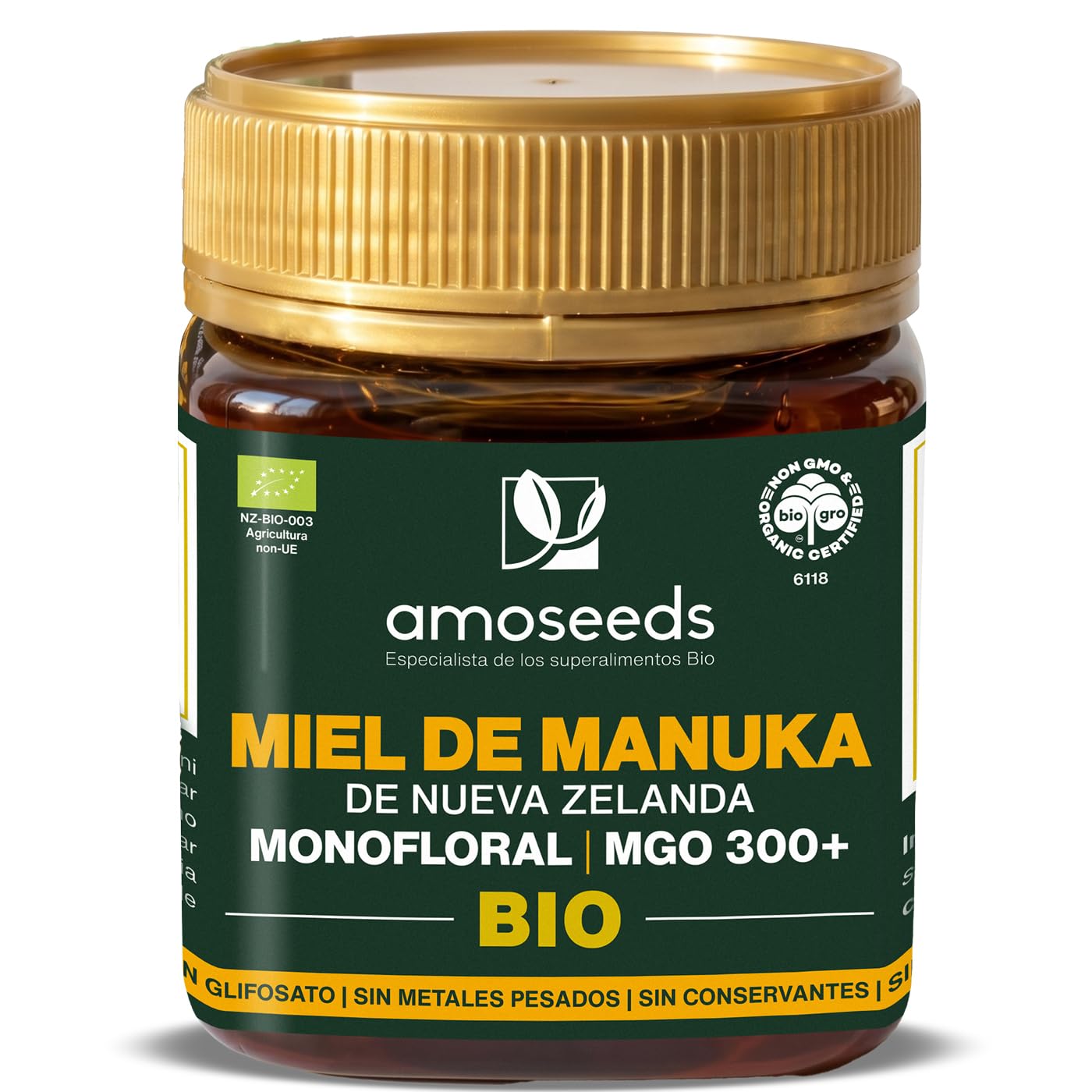 Miel de Manuka BIO 250g | 100% Monofloral, MGO 300+ | Origen Nueva Zelanda | 100% Manuka. Miel cruda y sin pasteurizar. Textura cremosa.