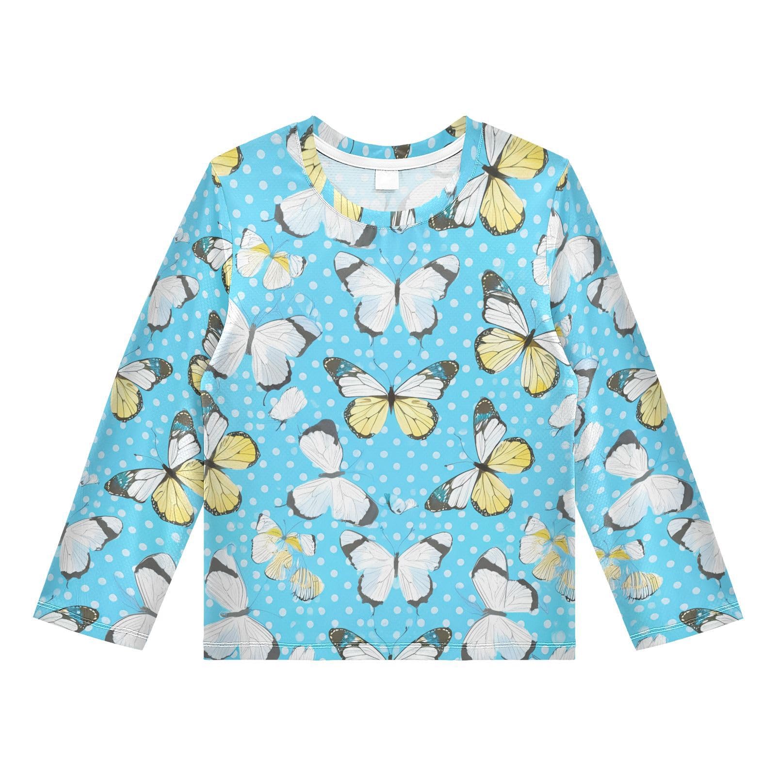 DOMIKING Butterfly Polka Dot Cyan Boys Long Sleeve Rashguard Shirt Kids Quick Dry Swim Shirt for Running Swiming Pool 9-10T