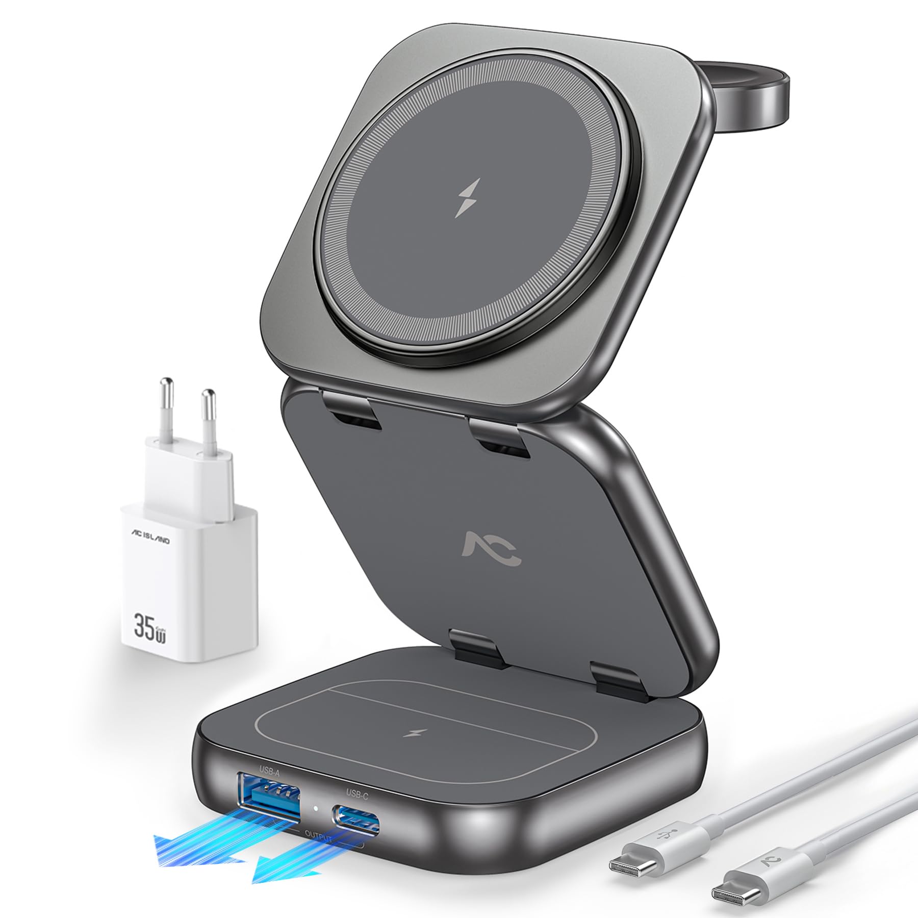 AC Island 2025 Caricatore Wireless Pieghevole 5 in 1, Stazione di Ricarica, Supporto di Ricarica Magnetica per iPhone 17/16/15/14/13/12 Serie, Apple Watch 11/Ultra, per AirPods Pro 3(Grigio)