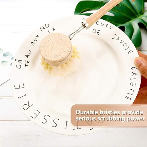Miniatura 4 de Cepillo clásico para lavar platos, cepillo natural con 2 cabezales de cepillo de repuesto de madera de haya para suministros de limpieza de cocina