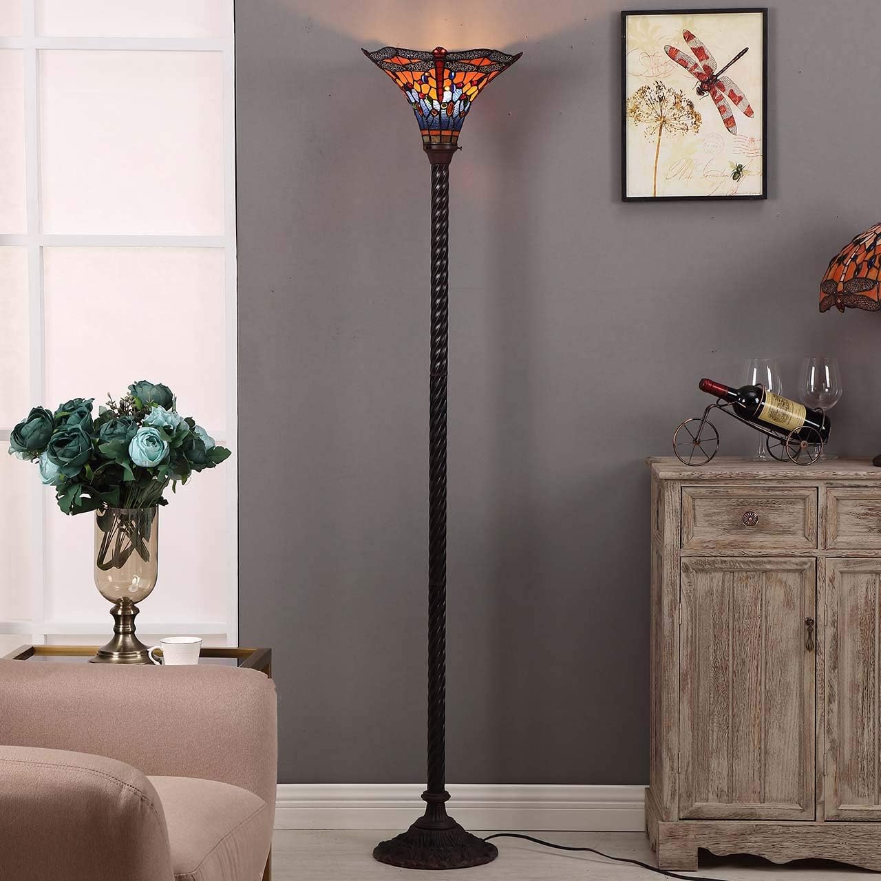 Bieye L10710 Dragonfly Tiffany Style Stained Glass Torchiere Floor Lamp with 13 Inch Wide Handmade Lampshade Metal Base for Dark Corner Living Room Bedroom, Orange Blue, 70 inch Tall
