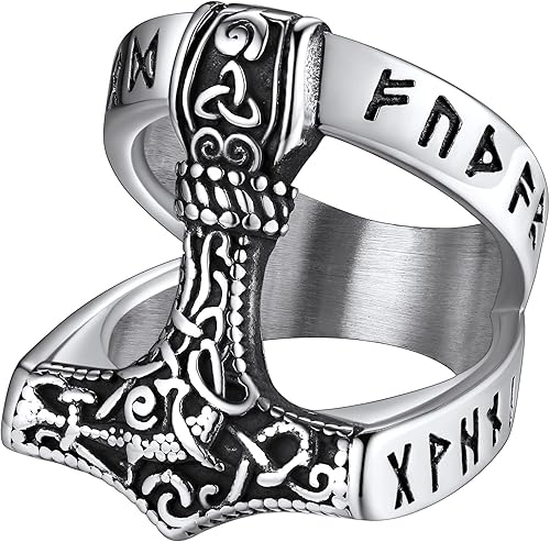 FaithHeart Norse Viking Jewelry - Anillo de acero inoxidable de guerrero para hombre con diseño vikingo de cabeza de lobomartillo de Thor,