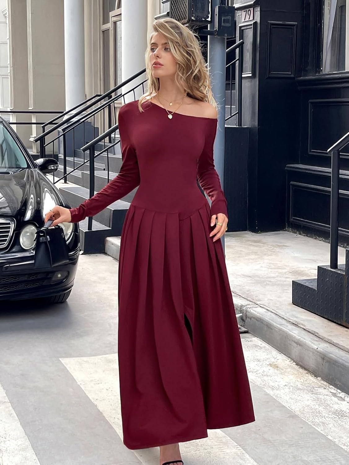 MODFUL Women's Off Shoulder Long Sleeve Midi Dress Formal Cocktail Wedding Guest Evening Party Dress with Stretchy Fabric - Image 2