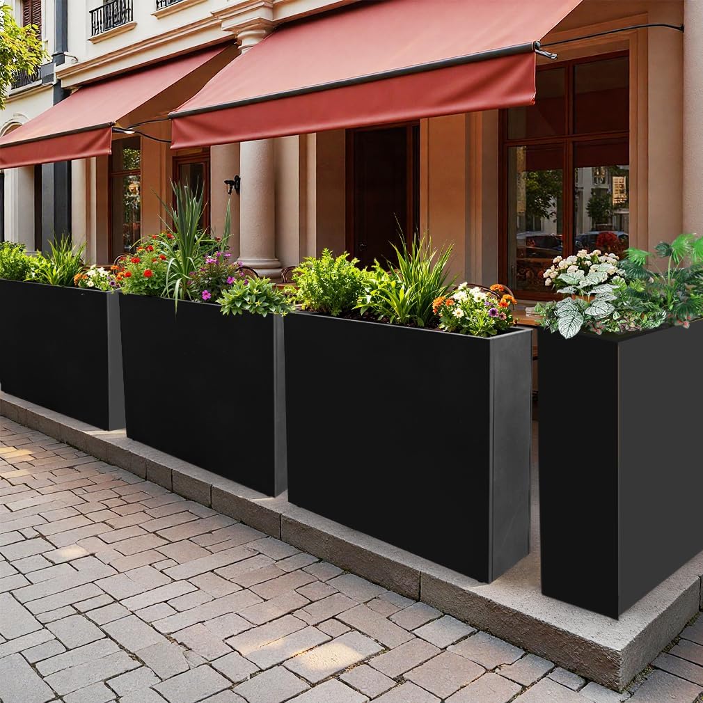 Metal Tall Long Planter Box Large Rectangular Planter Flower Pot with Drainage Holes for Indoor Outdoor Deck Porch Garden Home Patio Front Door (Black, 28" L x 9" W x 26" H)