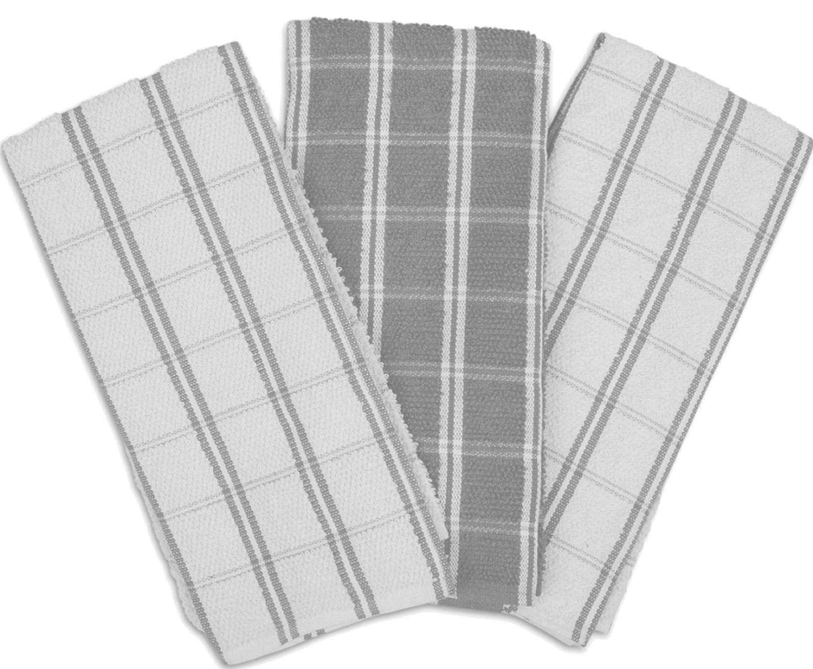 Adore Home Silver 6 Or 12 Pack Big Check Tea Towel Terry Cotton Absorbent, 12 Pack