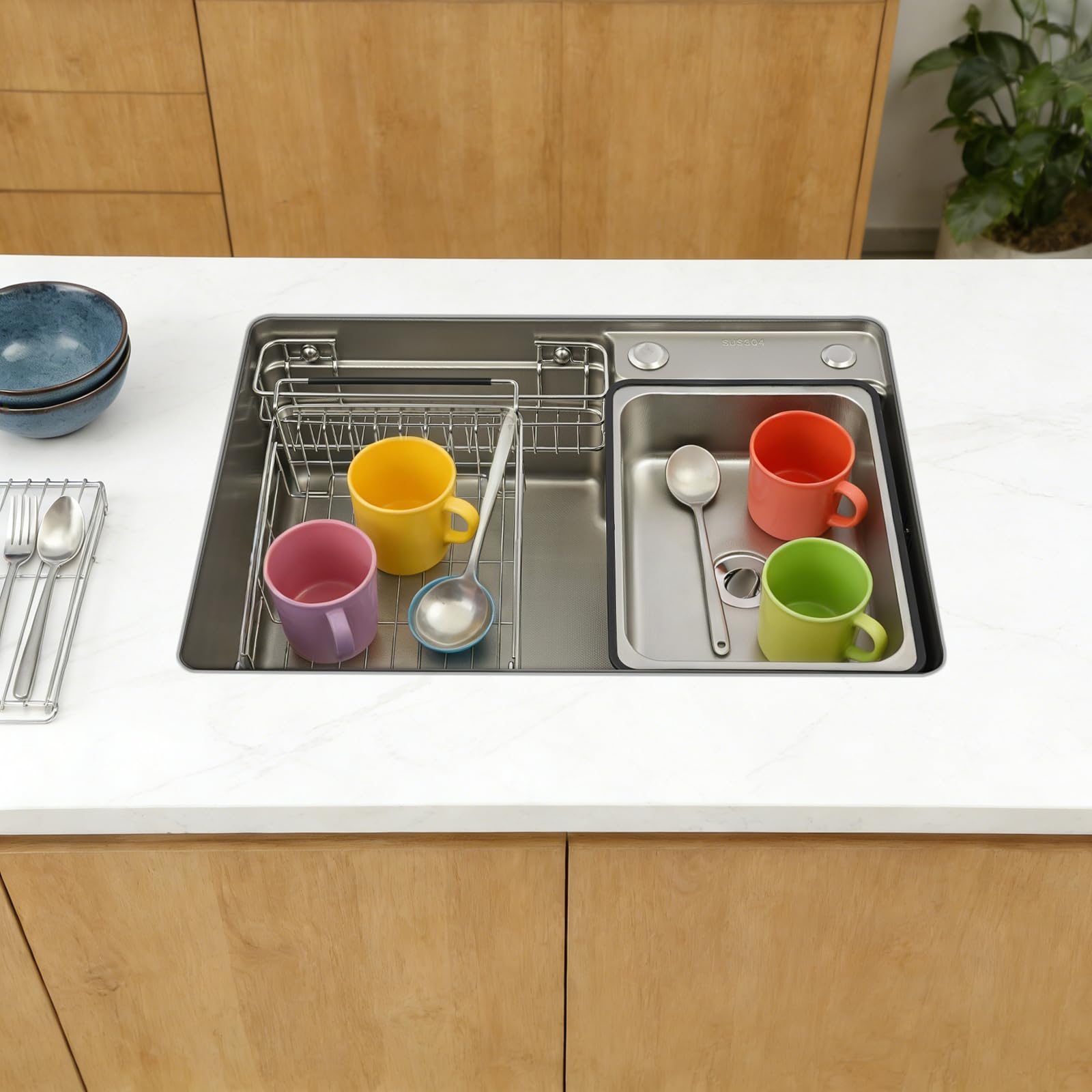 Vielseitige Edelstahl Küchenspüle, 1 becken Einbauspülen Auflagespüle mit Abtropfkorb & Siphon, für ab 58 cm Unterschrank, ideal für Wohnmobil, Vorbereitungsküche & Bar