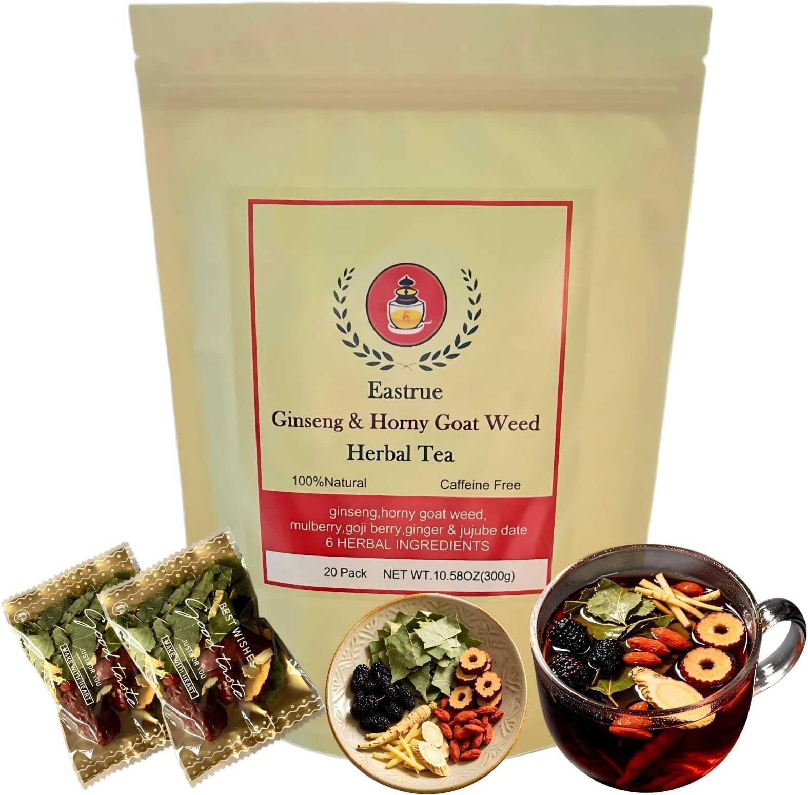 20 Pack Ginseng Kidney Tea-Ginseng Six Treasure tea,Eight Natrual Herbs Blend Mulberry,Wolfberry-Traditional Chinese Herbal Kidney Tea Formula for Men & Women,100% Plant Base(300g/Bag)