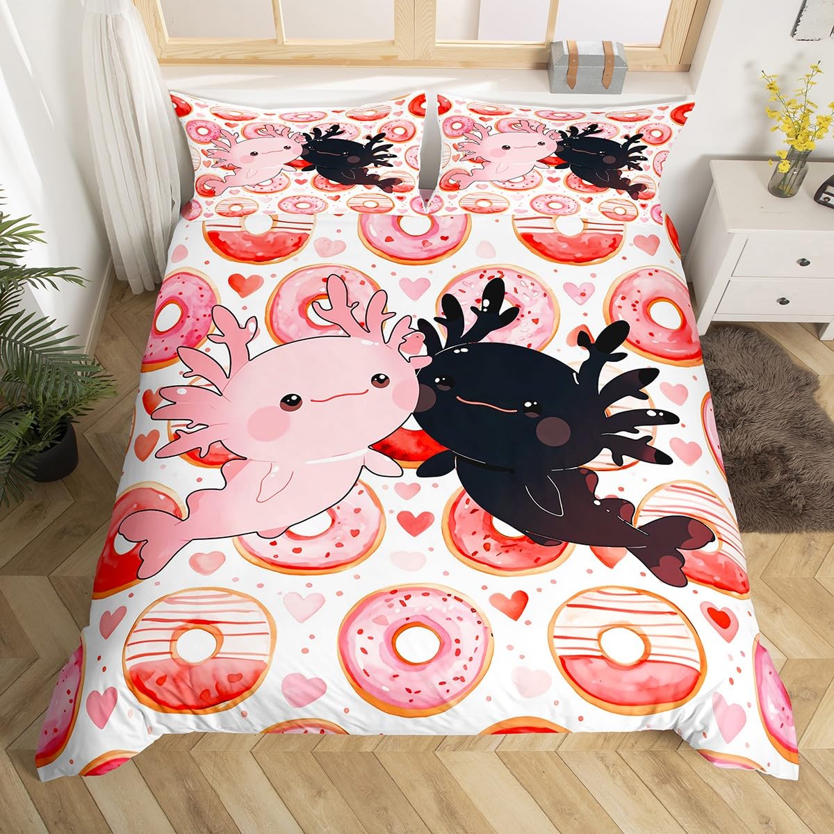 Homemissing Children'S Axolotl Bed Sheet Set With Doughnut Printed Duvet Cover For Two Cute Marine Animal Bedding Set With Cute Dessert Decoration Bedding Set With Axolot Pattern, Soft Microfiber