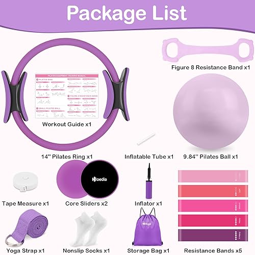 Miniatura 2 de Hoedia Kit de Pilates de 17 Piezas para Mujeres, Equipo de Pilates Anillo y Pelota Set con Bandas de Resistencia, Correa de Yoga, Deslizadores para
