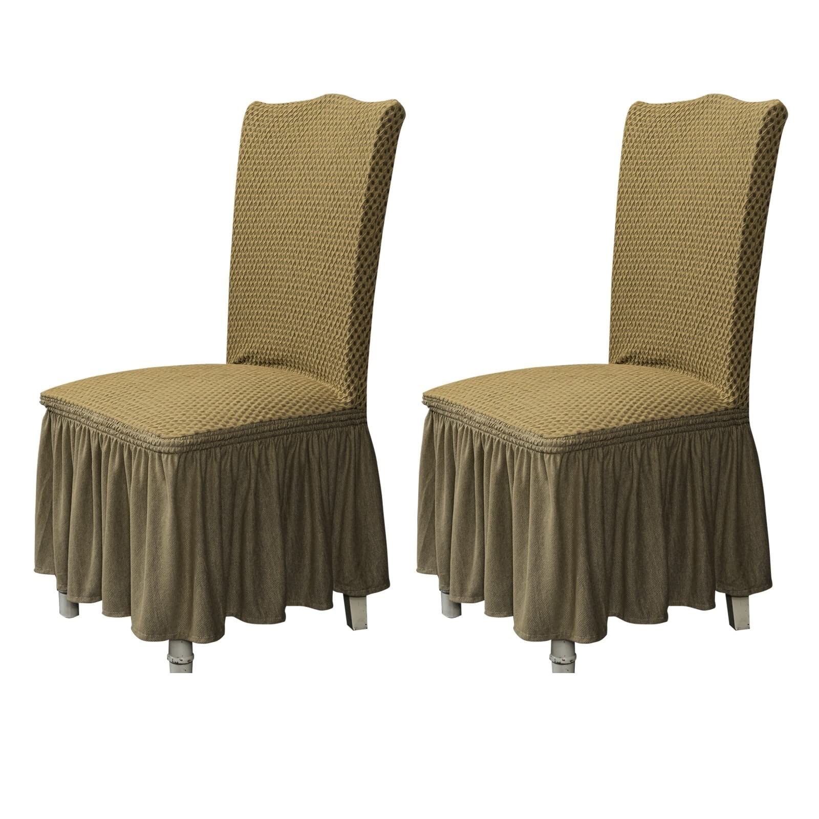 Housse de chaises extensible kaki lavable avec jupe longue plissée en polyester
