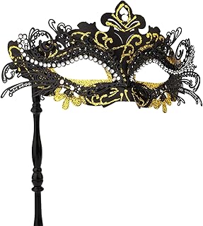 Masquerade Mask with Stick, Masquerade Mask Women Venetian Halloween Costume Mask Mardi Gras Party Masquerade (Black Gold)