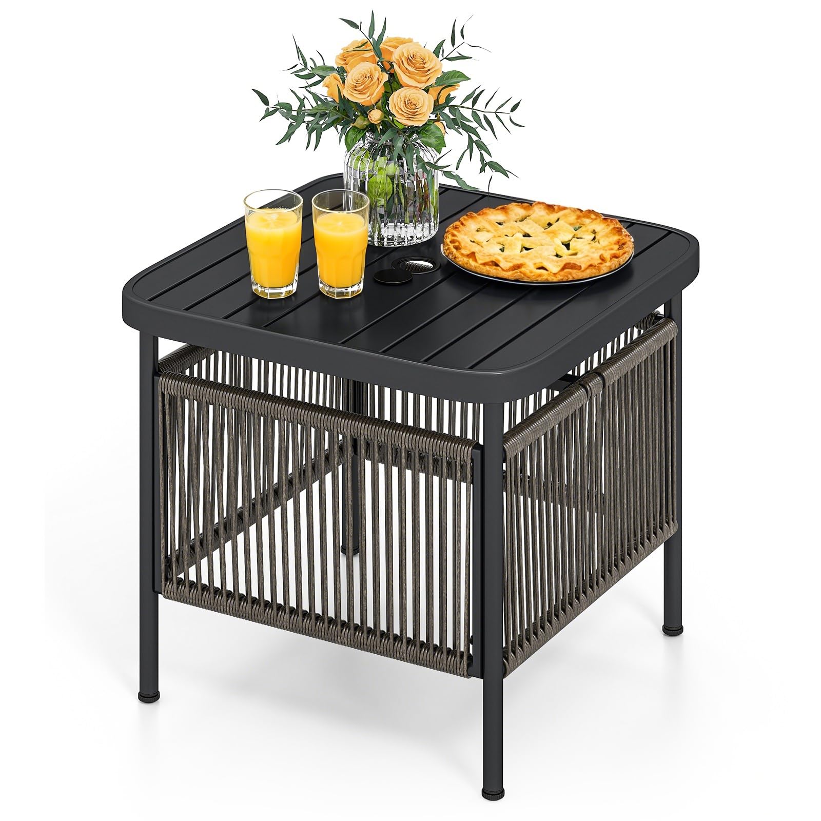 LIFEZEAL Table basse de jardin, petit balcon, extérieur, avec trou pour parasol, 56 x 56 x 49 cm, en rotin PE, métal, avec plateau à barres, pieds réglables, max 50 kg, moderne, peu encombrant, noir