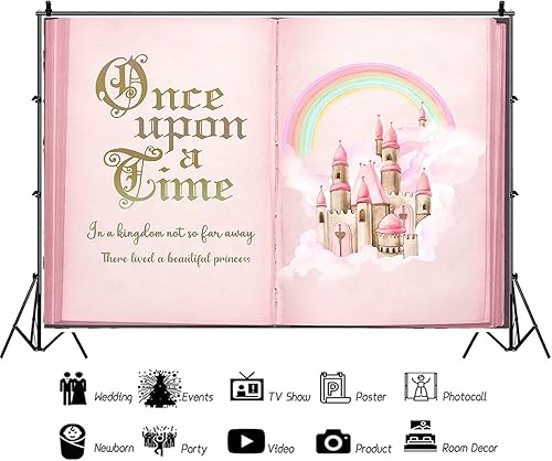 Miniatura 2 de Once Upon a Time Telón de fondo rosa Castillo de cuento de hadas Libro gigante arco iris fotografía fondo niñas princesa fiesta de cumpleaños