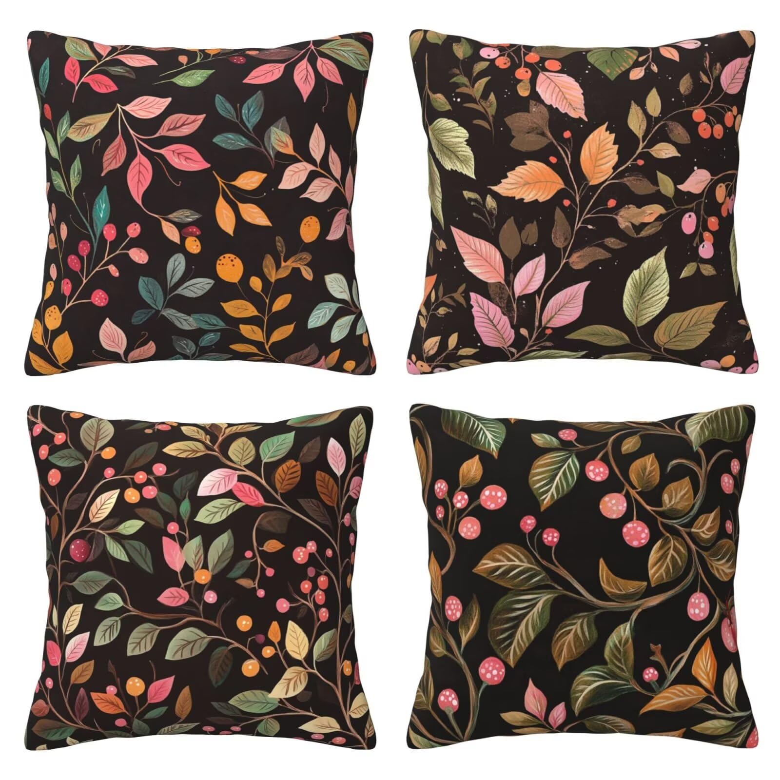 Housses de coussin 60x60 en lin motif feuilles pour salon et canapé | Lot de 4