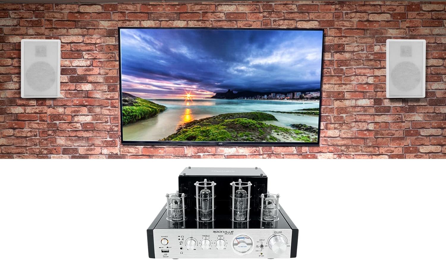 Rockville BluTube Bundle: 70-Watt Tube Amplifier Home Theater Stereo Receiver with Bluetooth, Pair of RockSlim White 5.25-in 240-Watt Slim Wall Mount Speakers for Living Room & Bedroom, 2-Items