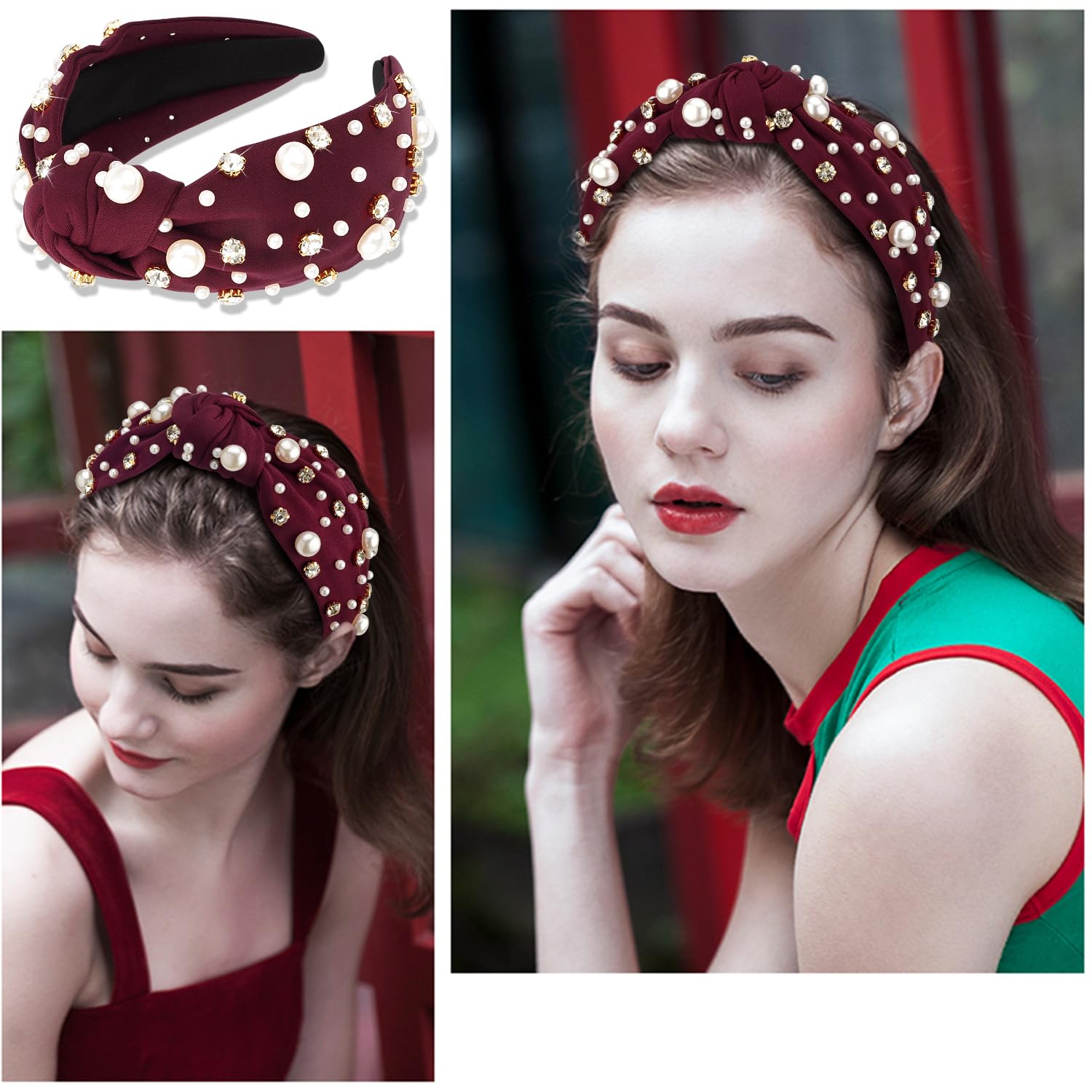 4199 Jeweled Plaid Embellished Crystal Pearl Knotted Wide Top Knot Headband Twine and Love | Plaid Jeweled Knotted Headband | Luxury  main image 3