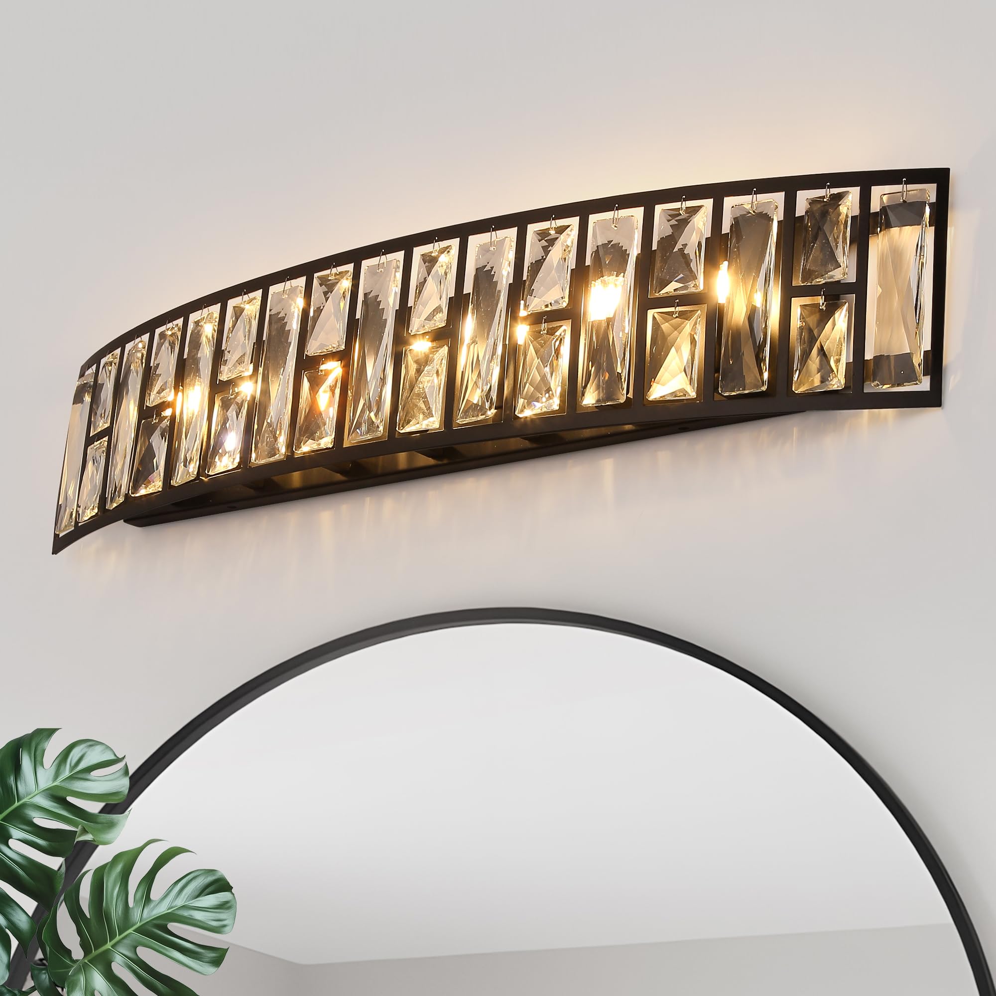 29 inch Bathroom Vanity Light,Modern 7-Lights Crystal Glass Bathroom Light Fixture Over Mirror,Black Wall Light Suitable for G9 Bulb,BD003-7-BK-2