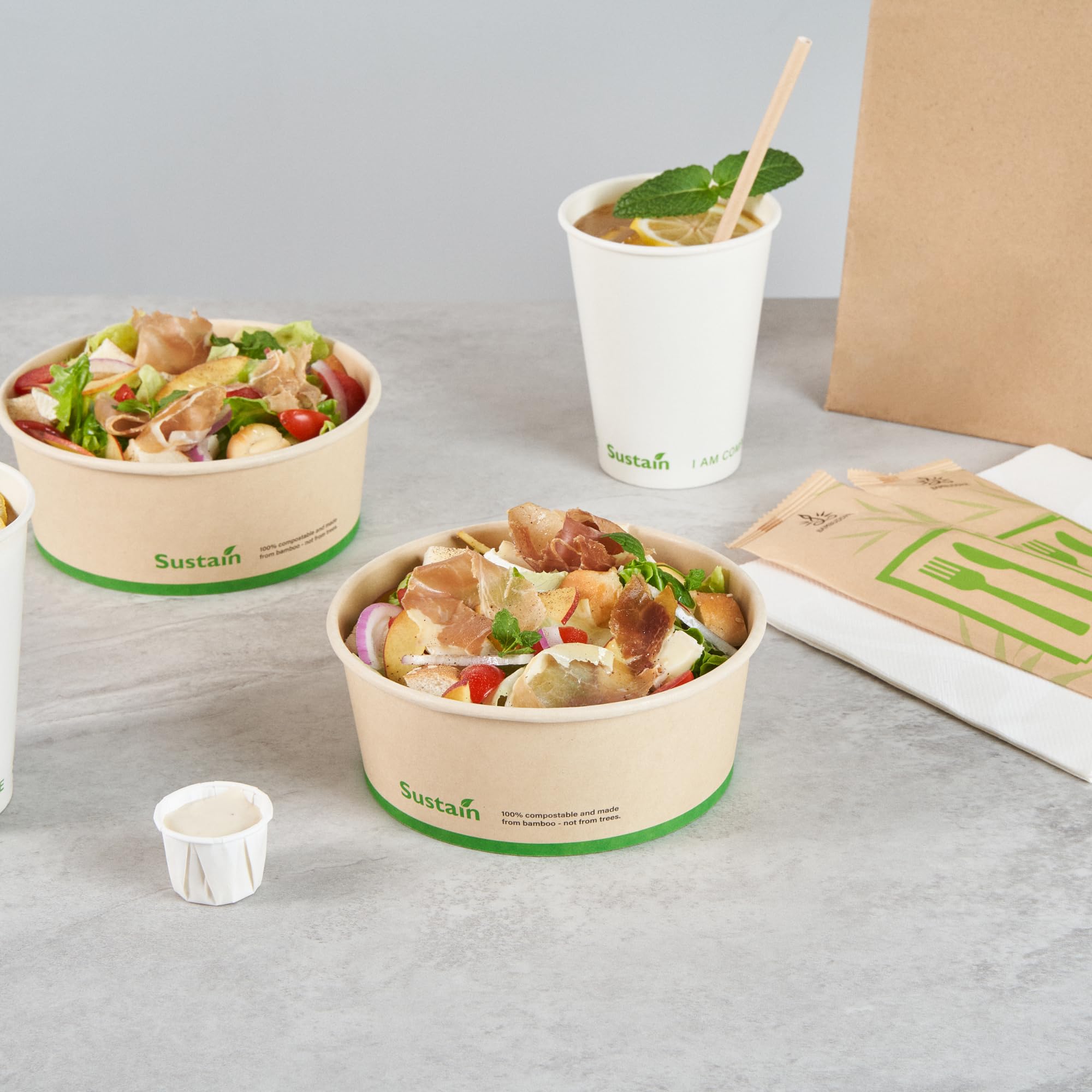Restaurantware - Cajas de papel resistentes de 25 onzas, 50 recipientes redondos para alimentos, con forro de ácido poliláctico, compostables, contenedores de papel de bambú, desechables, a prueba de