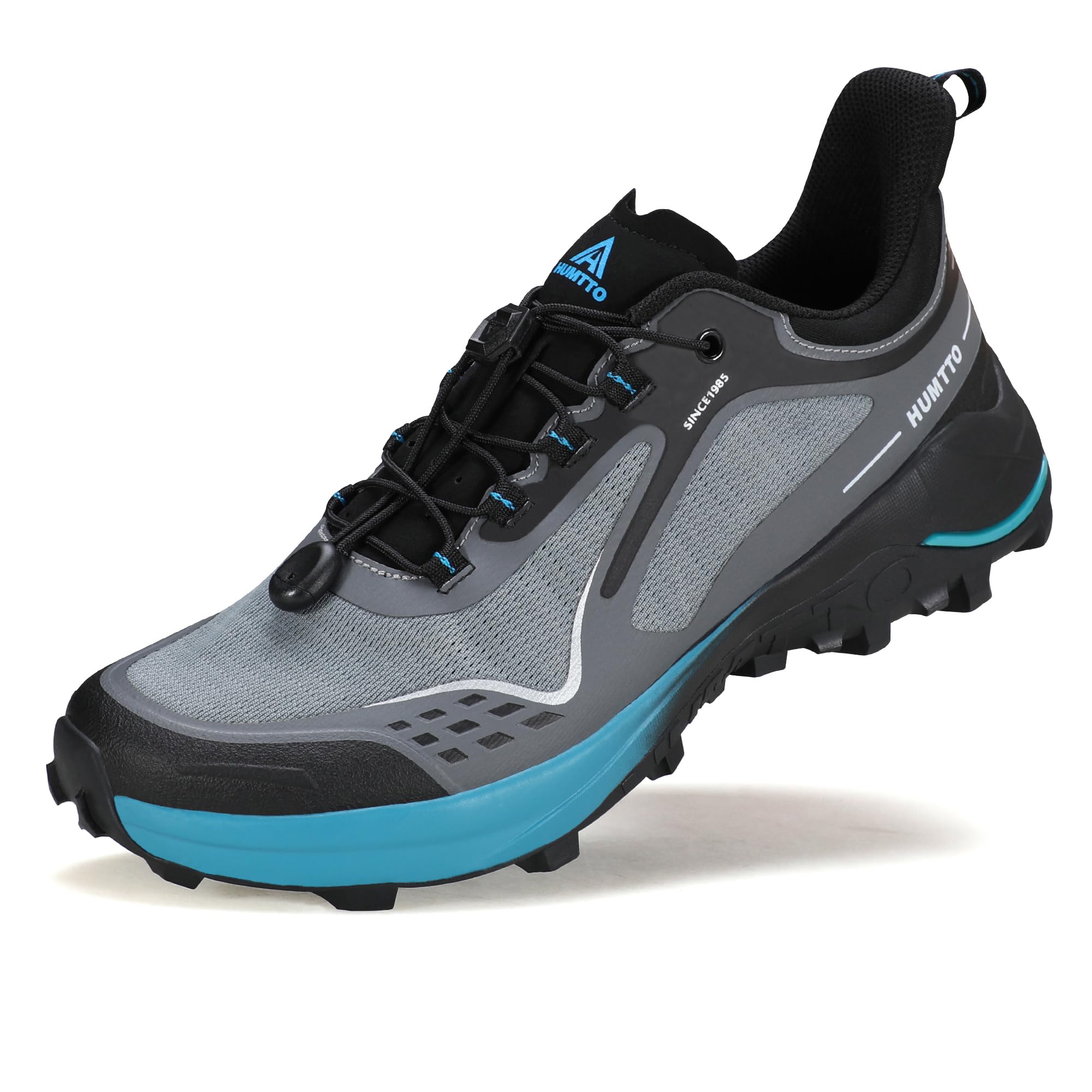 HUMTTO Men's Quick Laces Hiking Sneaker Lightweight Breathable Walking Outdoors Trail Running Shoes, Grey/Black, 11.5