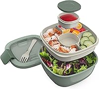 Bentgo Salad Container 54oz Leak-Proof Bowl with 4-Compartment Tray, Dressing Cup & Reusable Fork - BPA-Free Meal Prep Lunch Box (Khaki Green)