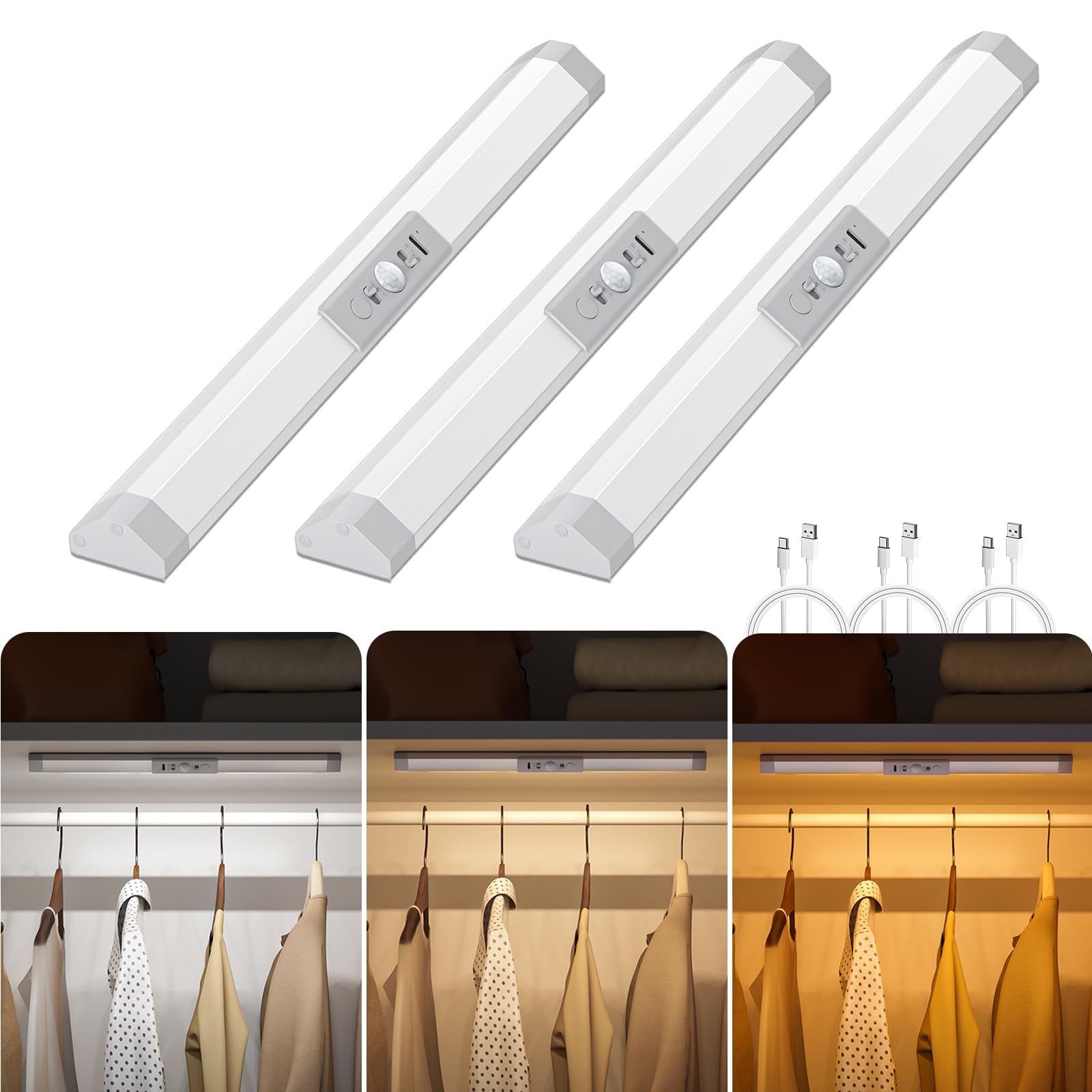 WOBANE Luce Armadio LED con Sensore di Movimento, Luci Guardaroba Protezione degli Occhi, Lampada Ricaricabile Luce Notturna Dimmerabile per Scale,Corridoio, 3 Pezzi