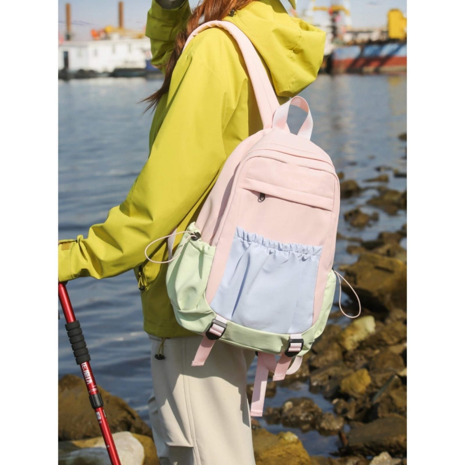 Zaino Color-Block Nylon Student Casual College-Style di Viaggio Elegante per Le Donne