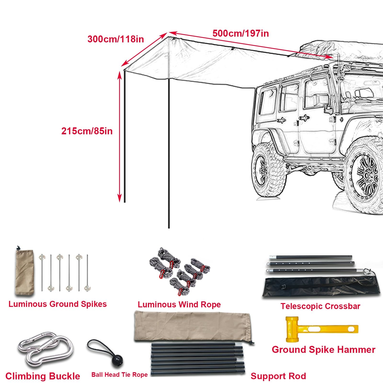 Tendalino Auto, Tendalino Camper con Picchetti Luminosi, Tenda da Tetto Auto, Tenda Auto Campeggio per SUV, MPV, Auto a Due Volumi